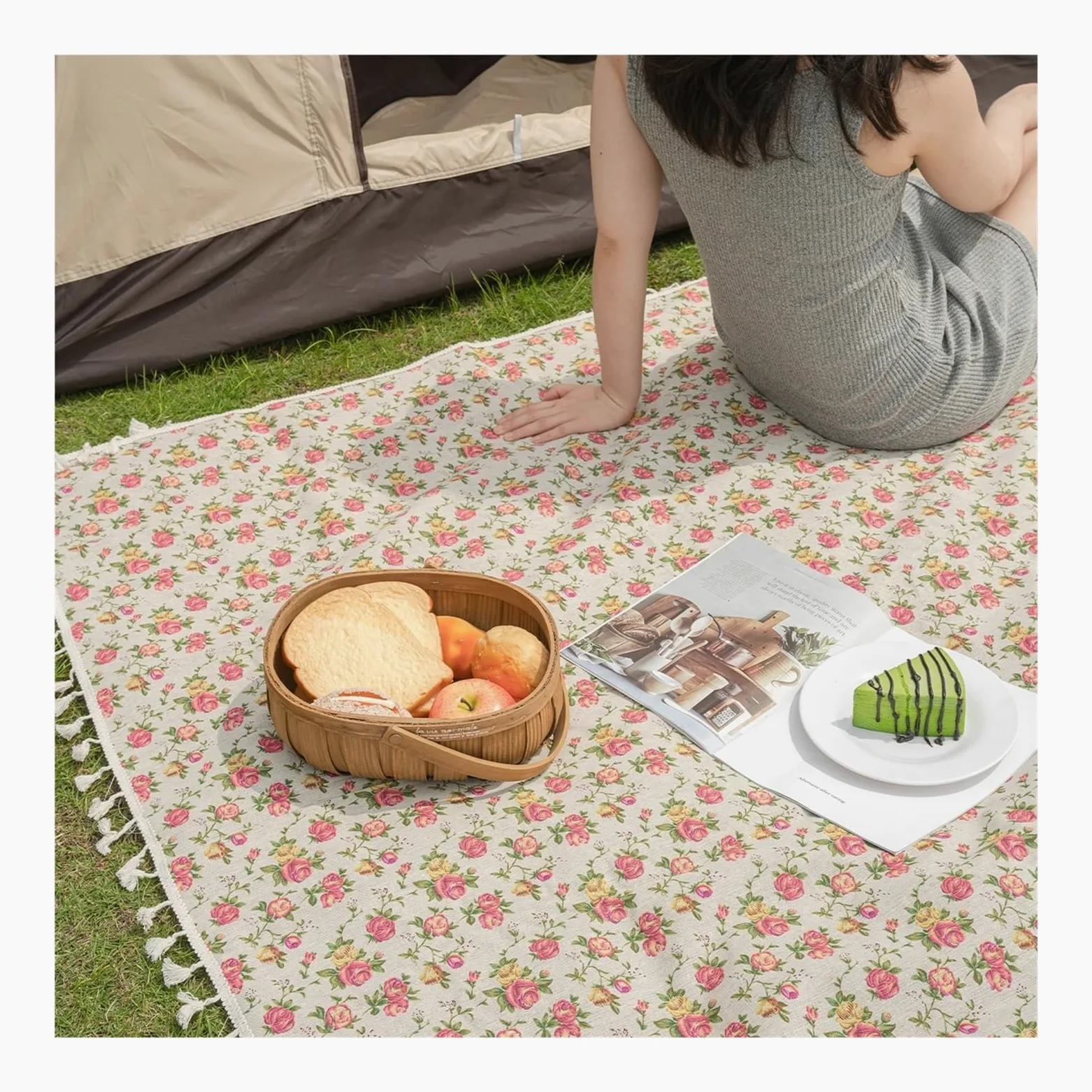 Couverture Pique Nique Tapis de Pique-Nique Pliable Style Campagne Rose, idéal for Les Voyages à la Plage, Le Camping et randonnée(140x300)