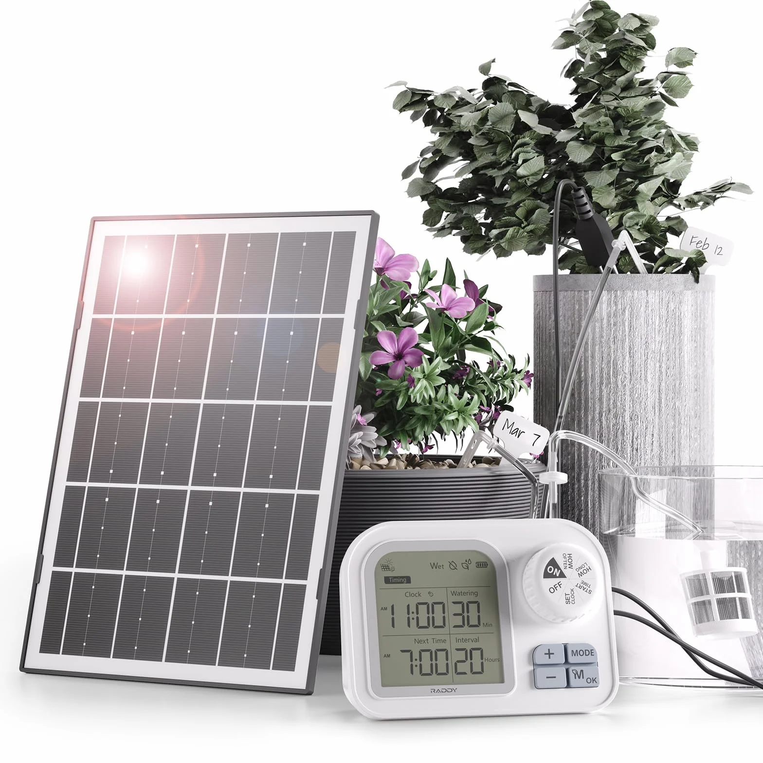 Raddy WS-7 Solaire Kit d'irrigation goutte-à-goutte, Système d'arrosage automatique pour 15 plantes en pot, auto-détection de l'humidité du sol, batterie 2600 mAh, IPX7 pour balcon intérieur/extérieur