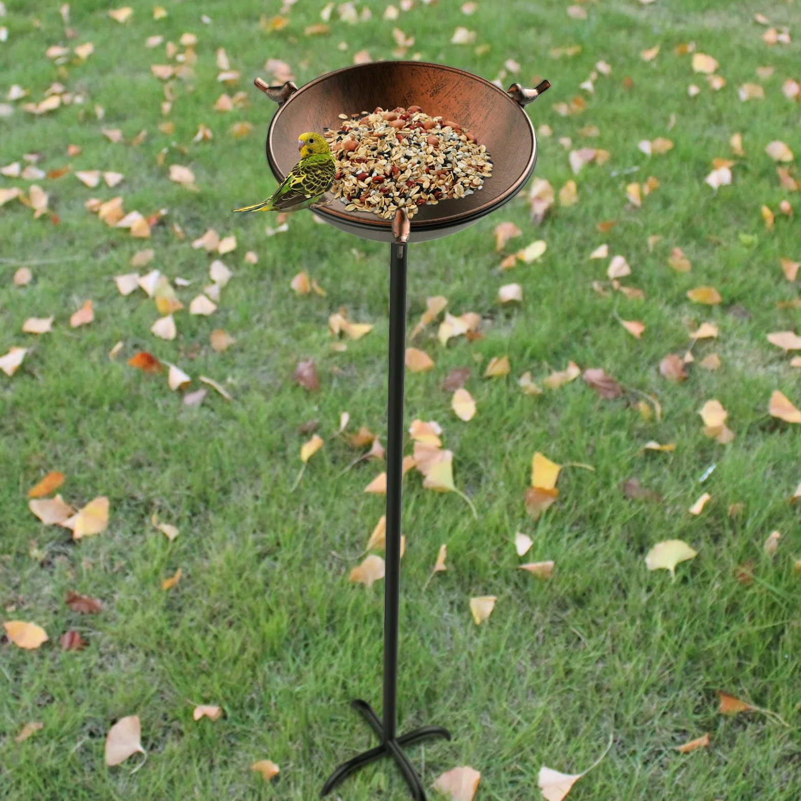 Bain Oiseaux sur Pied en Métal 26x109 cm Abreuvoir Oiseaux Exterieur Mangeoire Plateau Réglable Hauteur Jardin Balcon Bronze