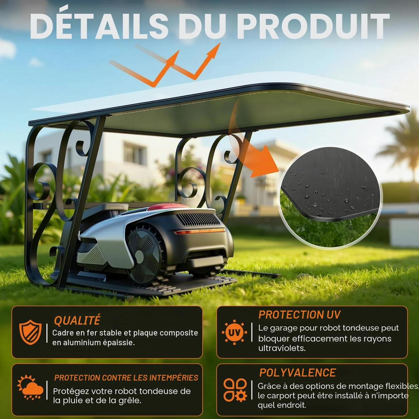 Garage pour robot tondeuse avec pieds en métal - Toit de protection pour carport - Toit pour tondeuse à gazon, robot-tondeuse - Protection UV | Idéal contre la pluie et la grêle 43x56x82cm