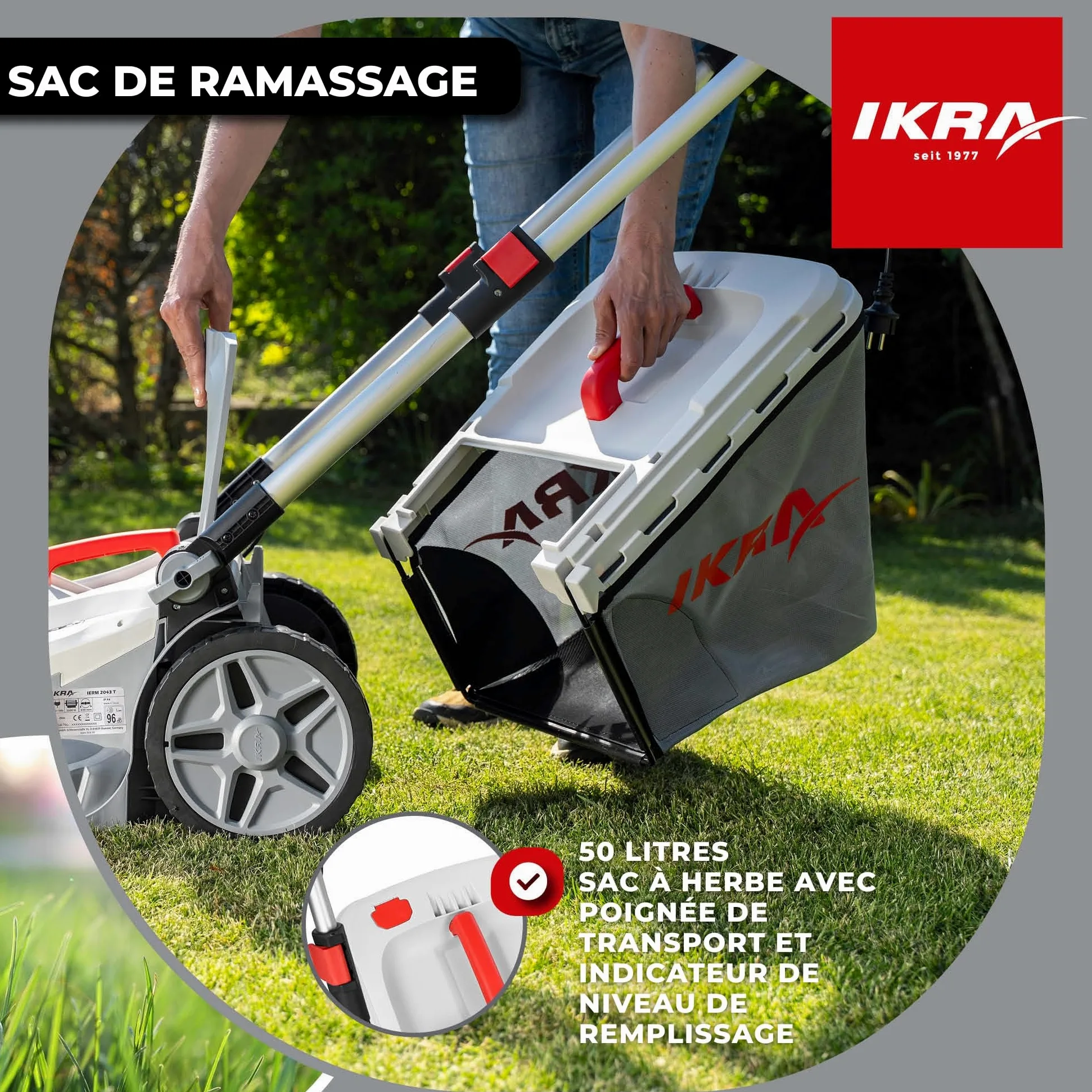 IKRA Tondeuse à Gazon électrique IERM 2043 T, 2000W, Largeur de Coupe 43 cm | Poignée réglable en hauteur sur 3 positions, hauteur de coupe réglable (30-75 mm), sac de 50 l et kit de mulching inclus