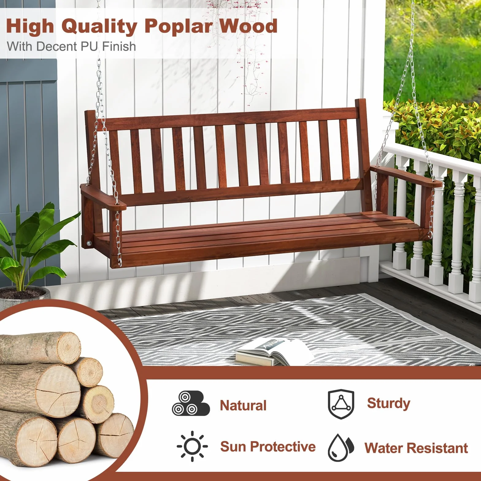 KOMFOTTEU Banc Suspendu 2-3 Places Balançoire Jardin Bois Massif Fauteuil Suspendu Charge 230/360 kg 168x65x63 cm Marron