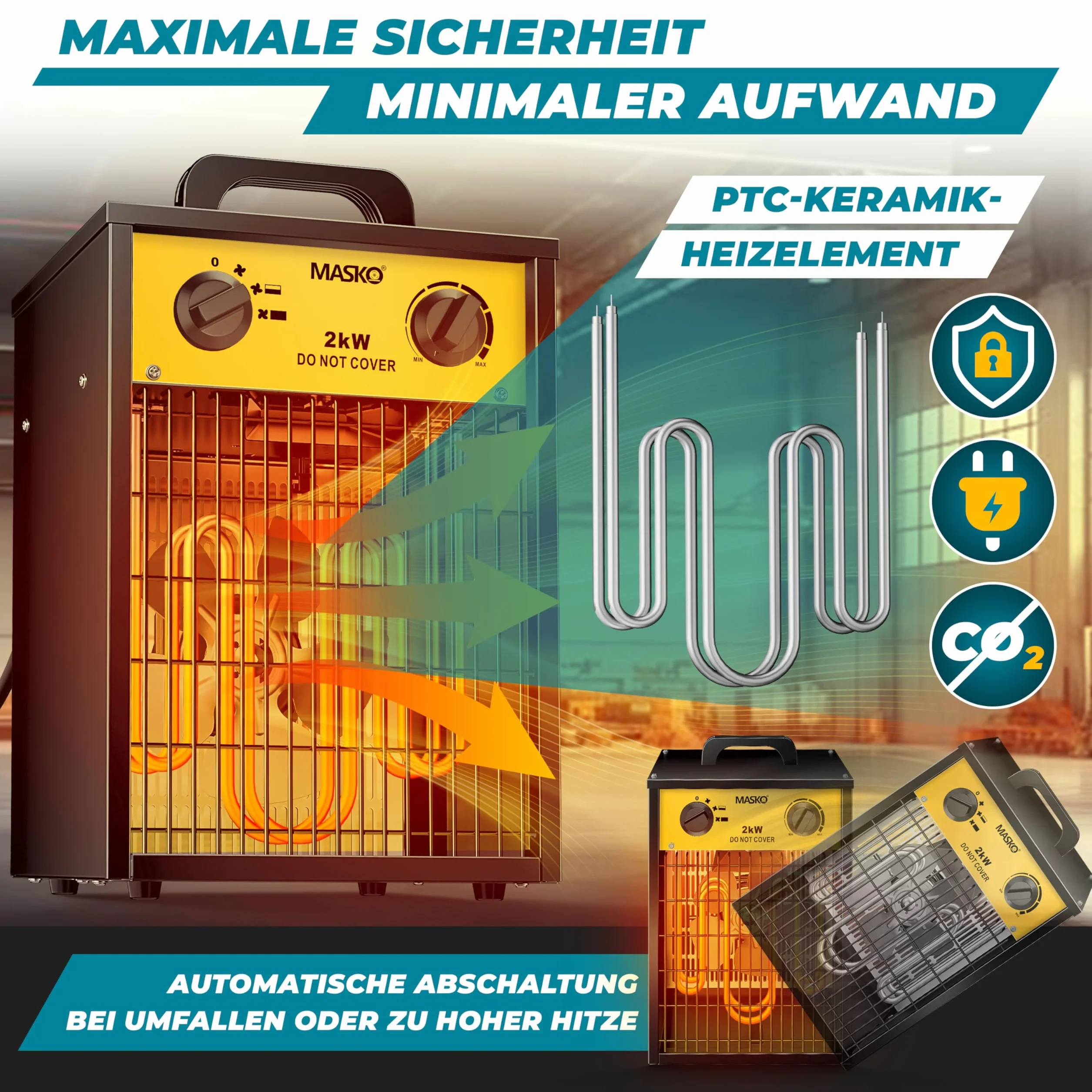 Masko Chauffage électrique 2kW avec thermostat intégré 2000W 3 niveaux chauffage ventilateur protection surcharges