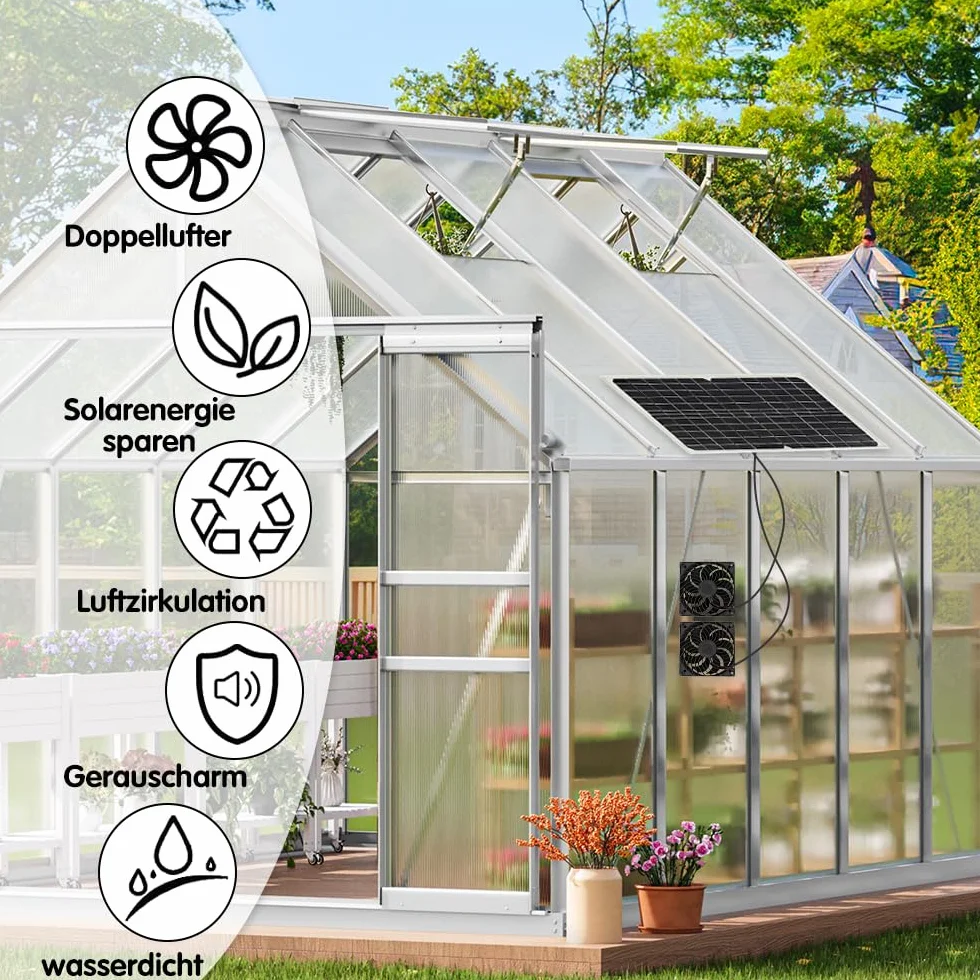 Ventilateur Solaire 16W IP65, Kit Panneau Solaire avec Deux Ventilateurs, Extracteur d'Air pour Serre Poulailler Niche