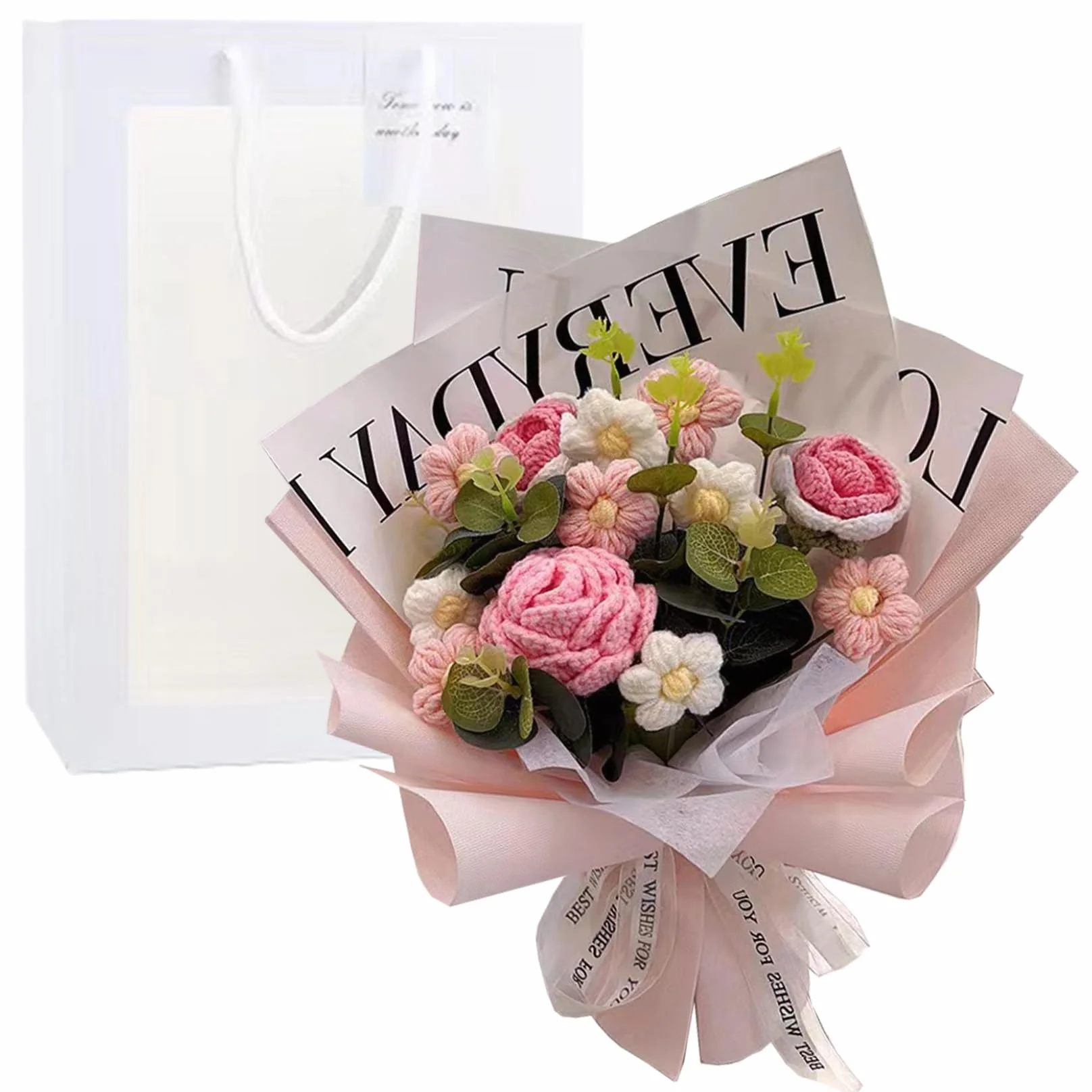 Bouquet de Fleurs au Crochet, Fleurs tricotées réalistes avec Sac pour Fête des Mères, Saint-Valentin