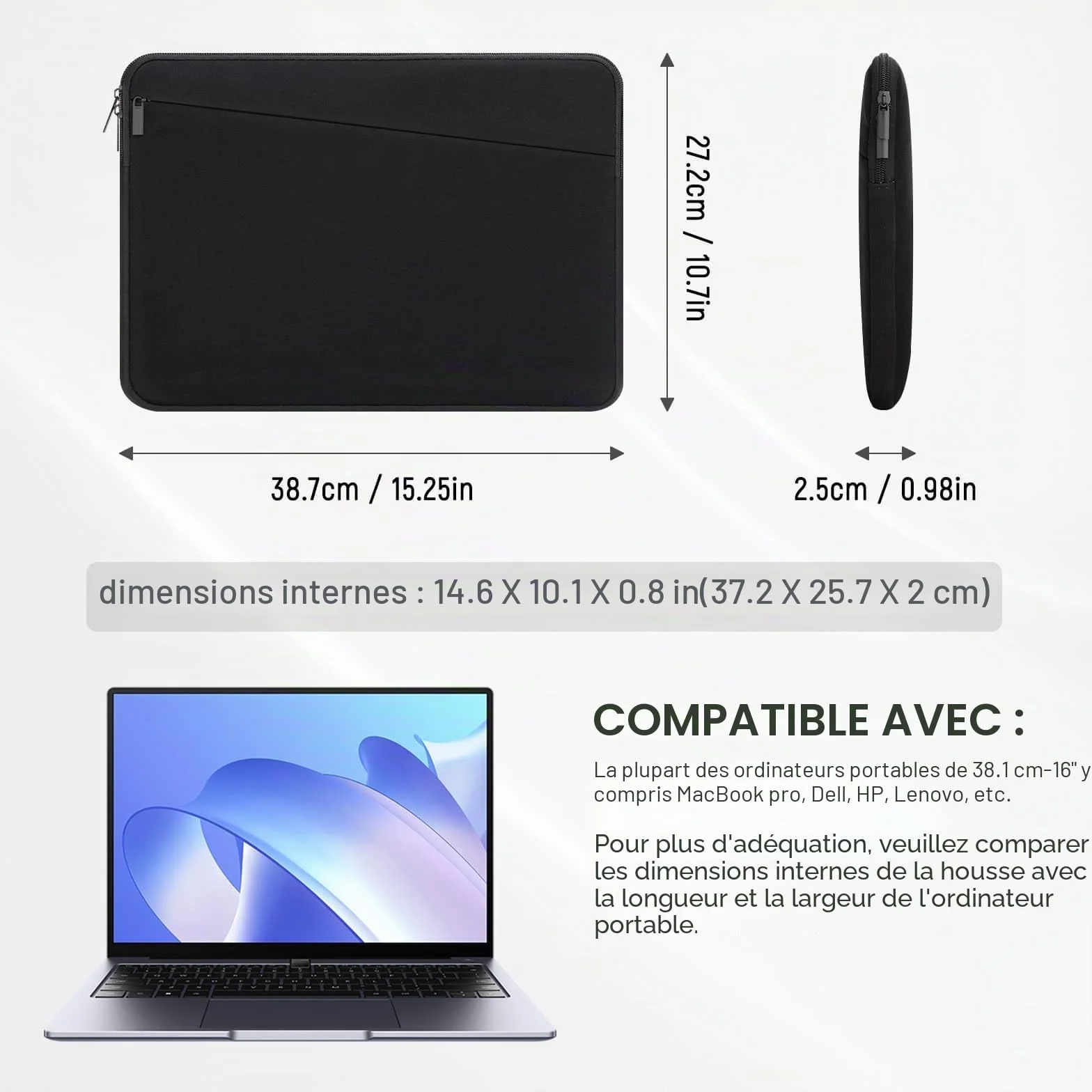 Housse pour Ordinateur Portable 15-16 Pouces Compatible MacBook ASUS HP Dell Sacoche Rembourrée
