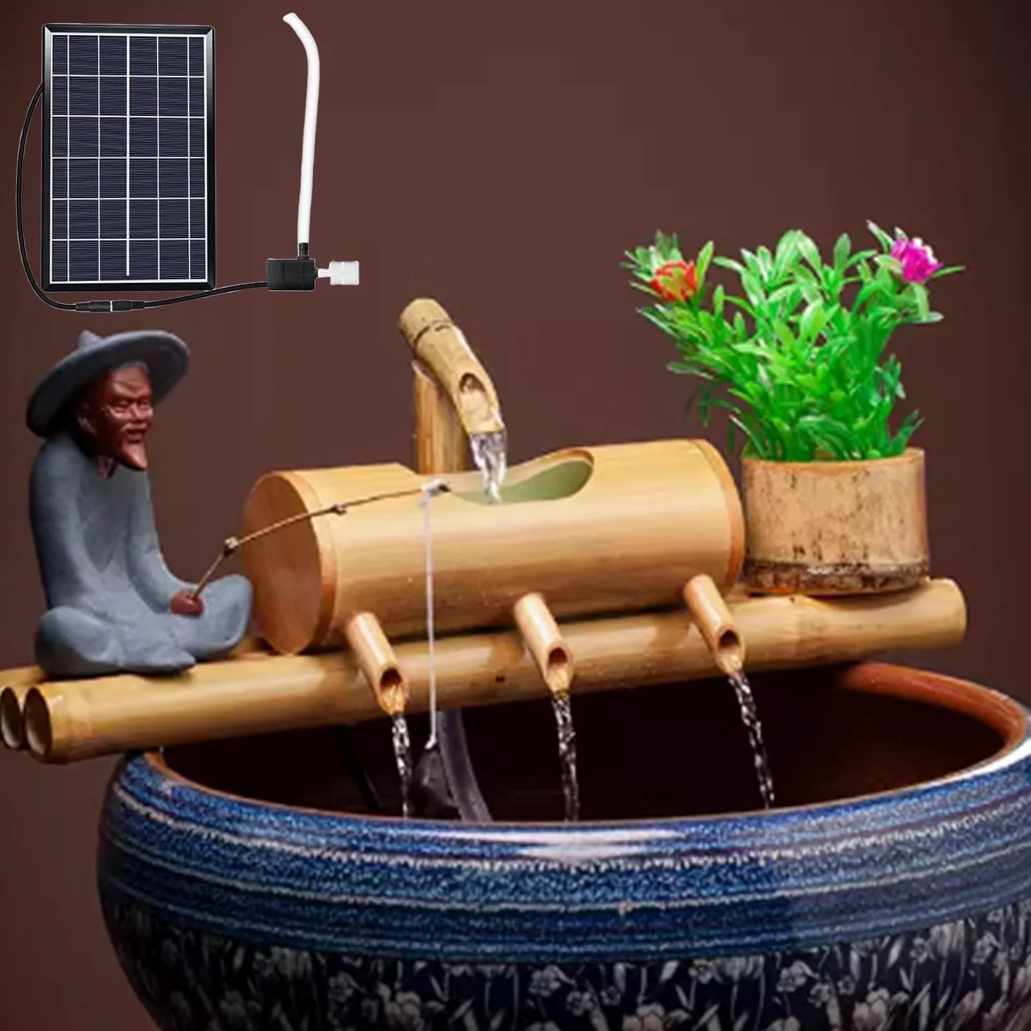 Fontaine à eau solaire en bambou avec 4 sorties – Décoration de jardin zen pour terrasse extérieure, étang – Fonction espace calme et écologique
