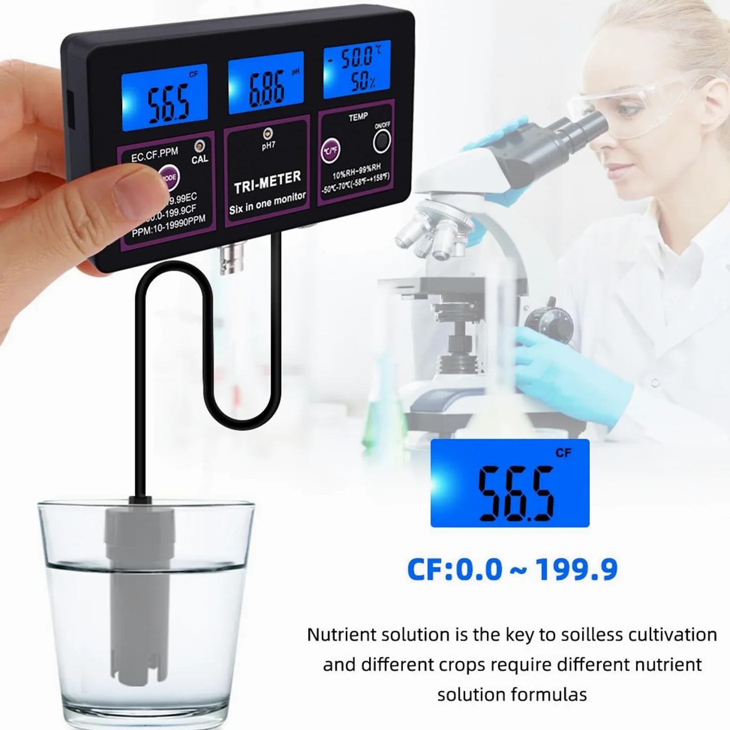 Testeur de qualité de l'eau 6 en 1, multiparamètre Professionnel pour Aquarium pour Test PH/Temp/EC/CF/RH/TDS, pour Sources d'eau, Aquarium, Culture hydroponique