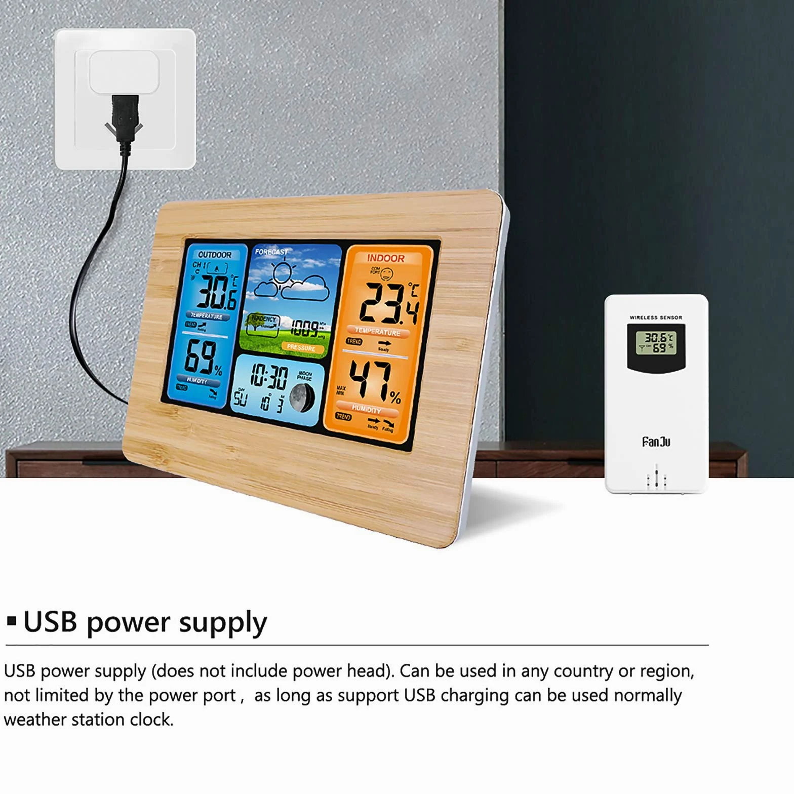 ALLOMN Stations Météo Sans Fil avec Capteur Intérieur Extérieur, Station Météo Numérique LCD avec Alerte/Température/Humidité/Barométrique/Prévisions/Réveil pour Maison Bureau Jardin (RF Jaune)
