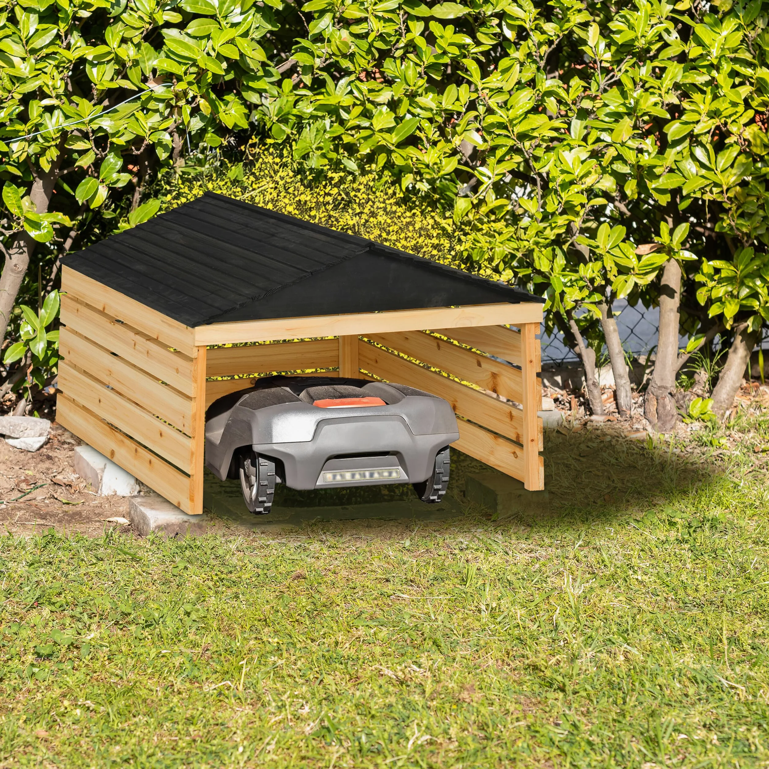 Relaxdays Garage pour Robot Tondeuse, en Bois de Sapin, H x L x P : env. 52,5 x 79 x 74 cm, Nature et Noir