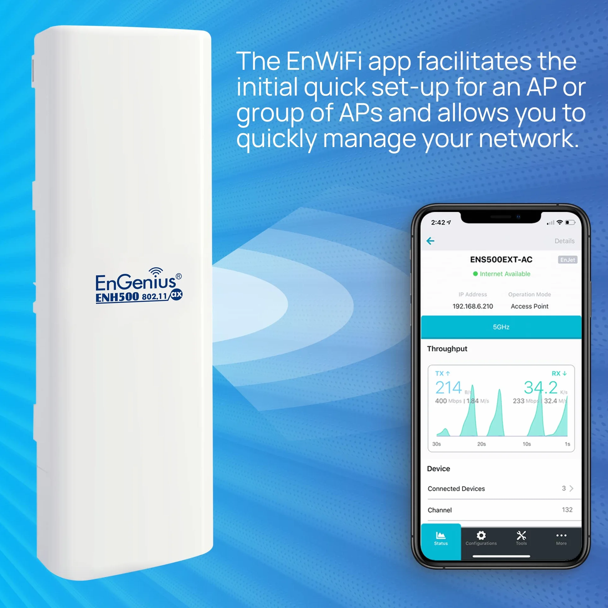 EnGenius ENH500-AX Pont sans Fil extérieur 5 GHz Wi-Fi 6 802.11ax 2x2 1200 Mbps 26 dBm IP55