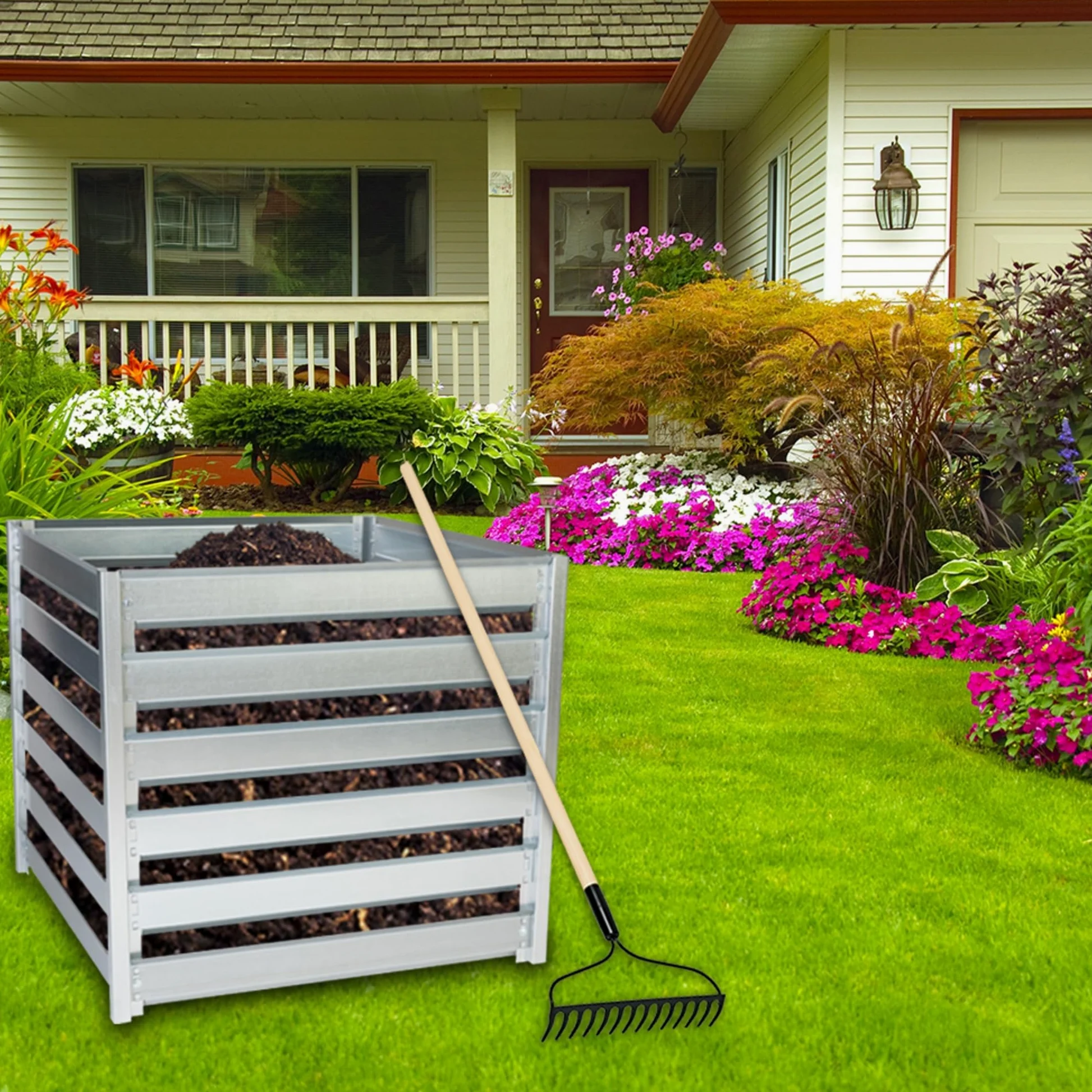 Composteur de Jardin Métal 704L TIMBELA M800 – Grand Composteur Extérieur en Acier Galvanisé 91 x 91 x H85 cm – Bac à Compost Stable et Résistant