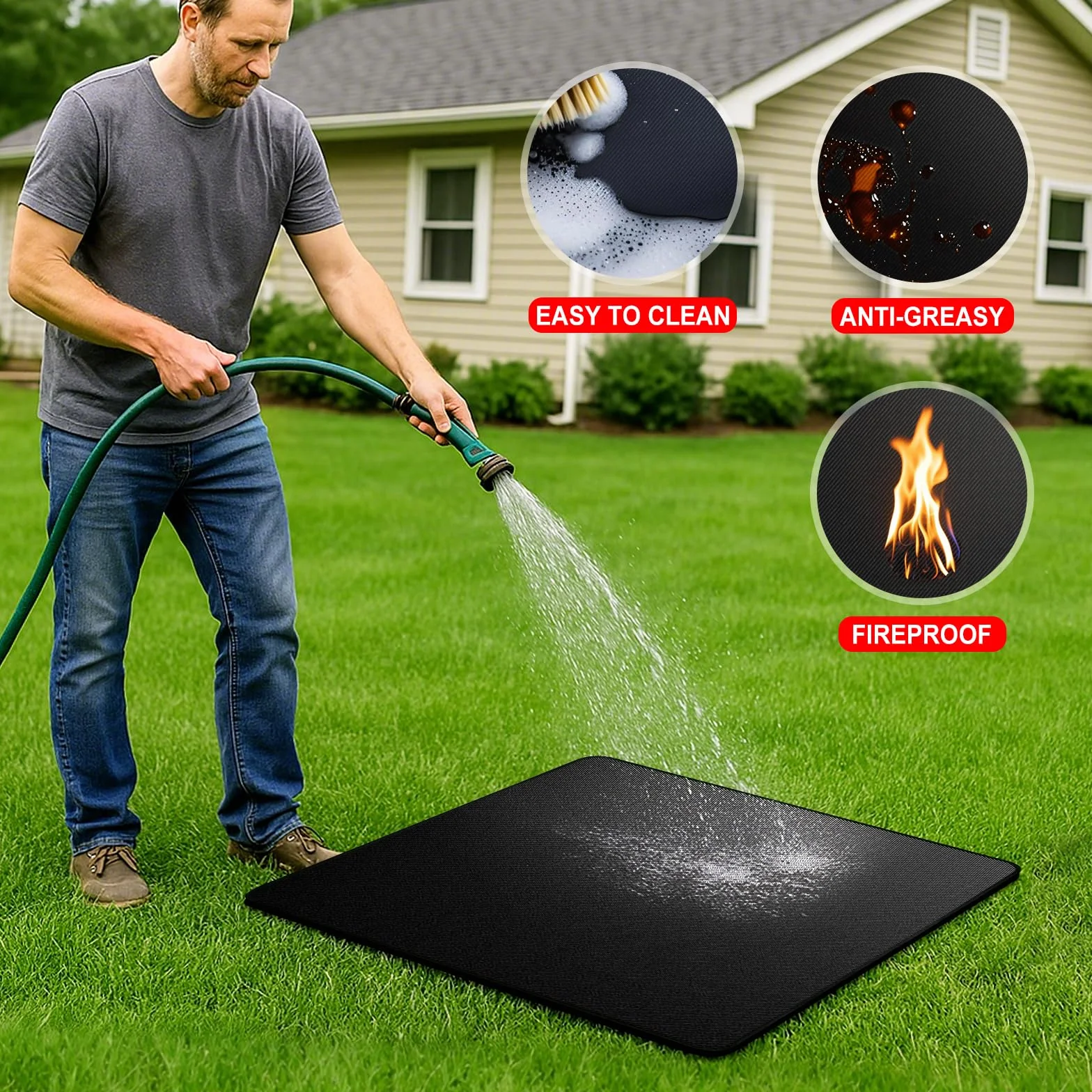 Tapis de brasero carré double face ignifuge résistant à la chaleur imperméable 100 x 100 cm noir