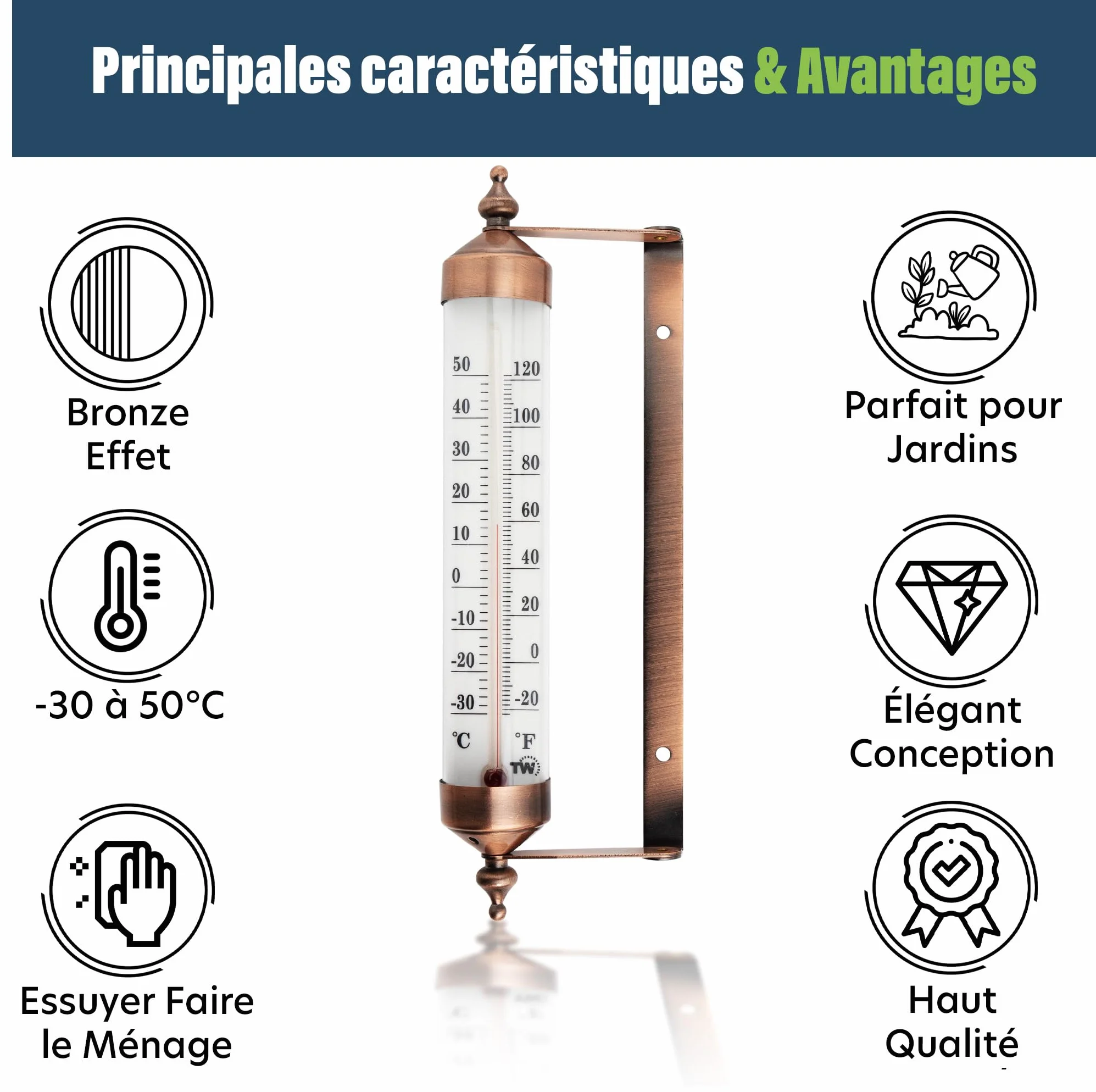Thermomètre d'extérieur effet bronze – jauge jardin, température extérieure serre garage