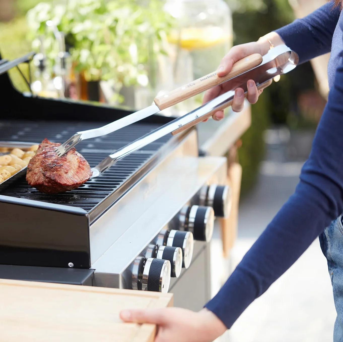 Barbecook Kit Ustensiles Barbecue Acier Inoxydable Manche Bois Bouleau Spatule Fourchette Pince