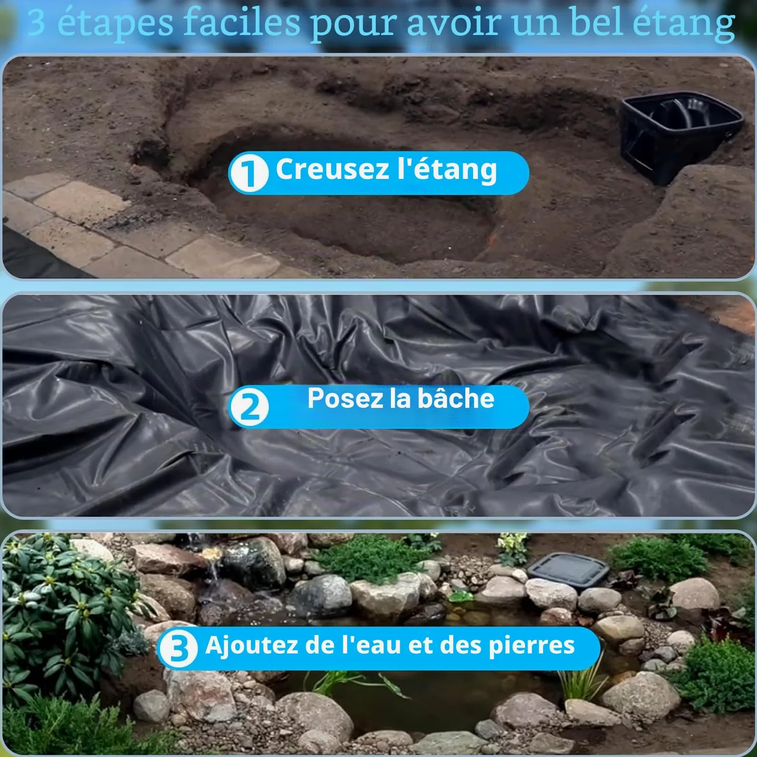 Bâche de Bassin en PVC de qualité supérieure 3x6M, Noire, en PEHD, très résistante, Film d'étanchéité pour Bassin de baignade, bassins à Poissons, fontaines, Jardins Aquatiques et Cascades