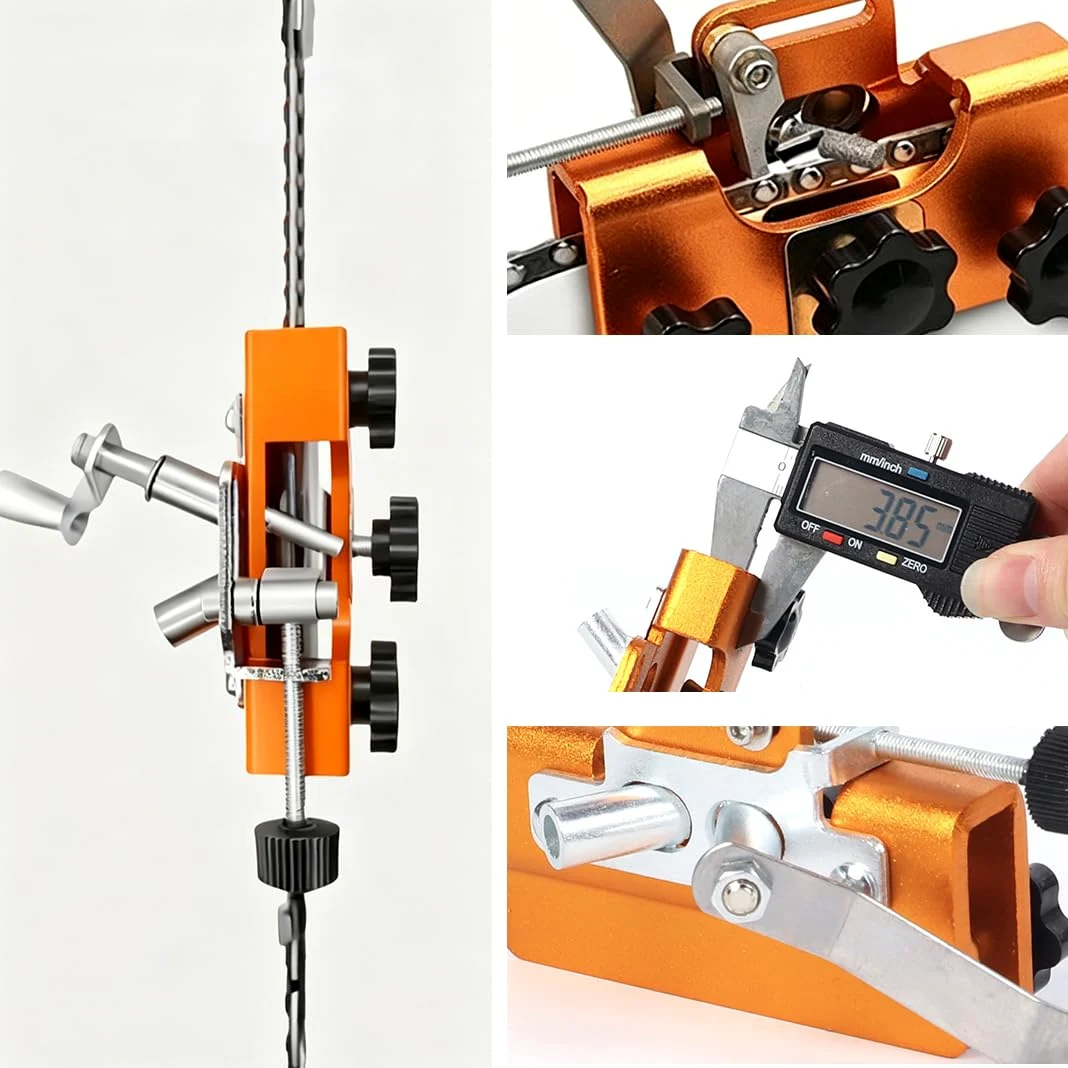 Affûteur Chaîne Tronçonneuse à Manivelle, Affûteuse Portable avec 3 Pierres 4/5/6 mm, Guide d'Angle, Kit d'Affûtage Manuel pour Tronçonneuse
