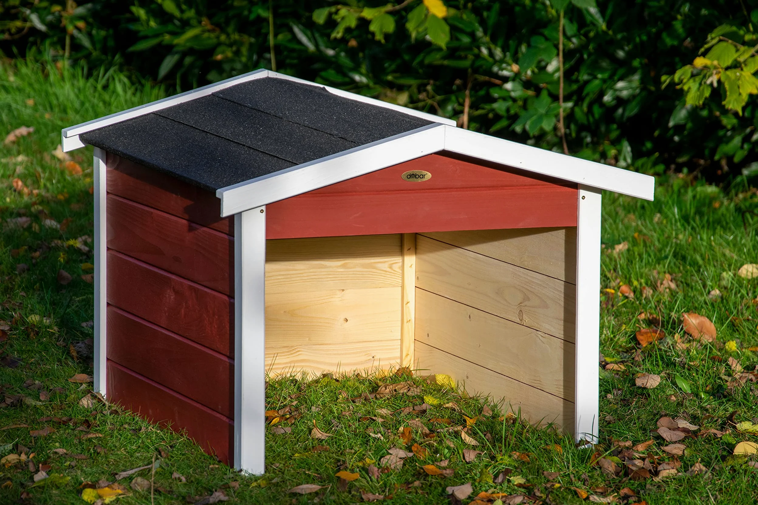 dobar® Garage pour Robot Tondeuse, en Bois, en kit, avec Toit bitumé, 76 x 68 x 52 cm, Rouge/Blanc