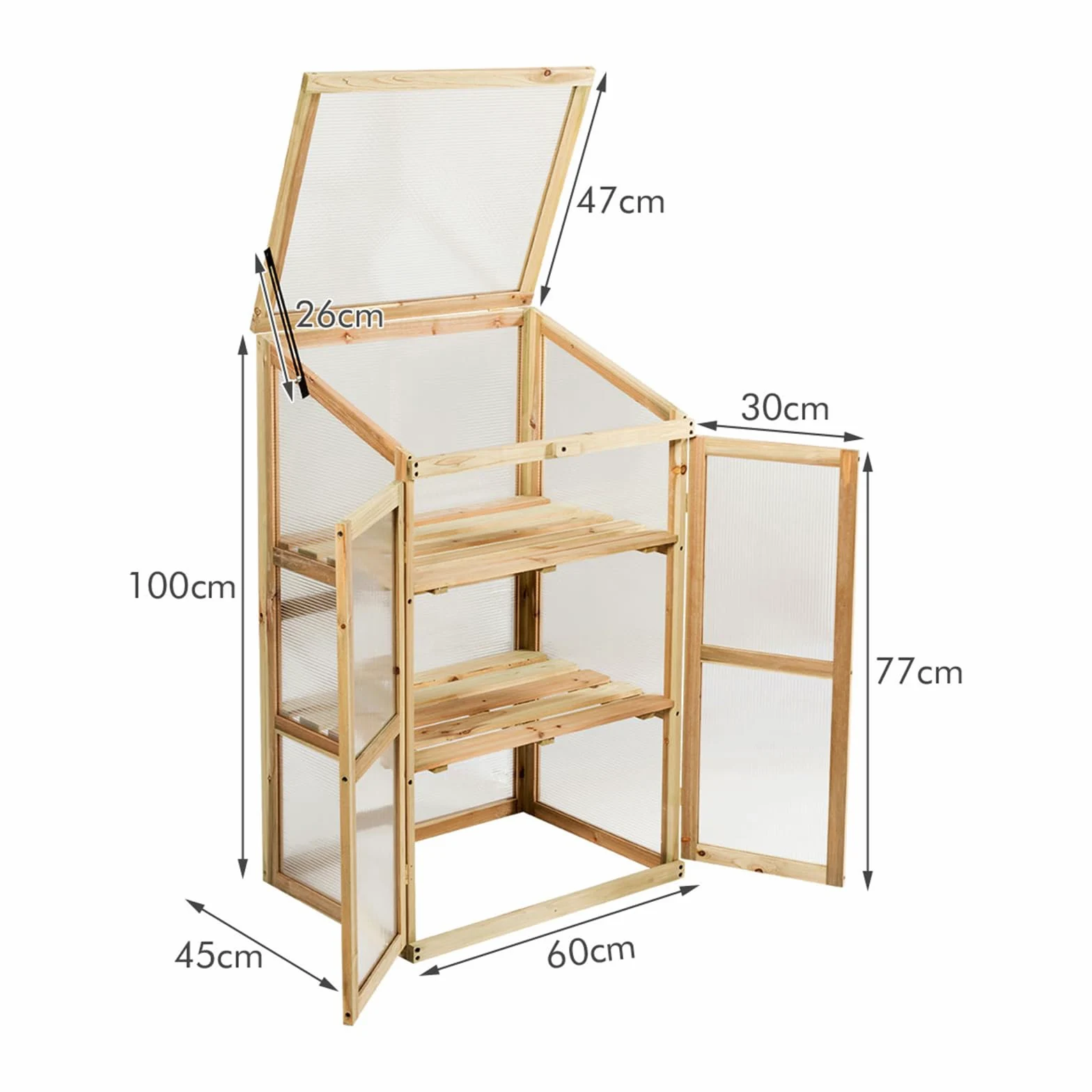 HOMASIS Serre de Balcon PC en Verre avec 2 Étagères | Mini Serre de Jardin en Bois d'Épicéa avec Portes pour Légumes Plantes Fleurs 60 x 45 x 100 cm Naturelle