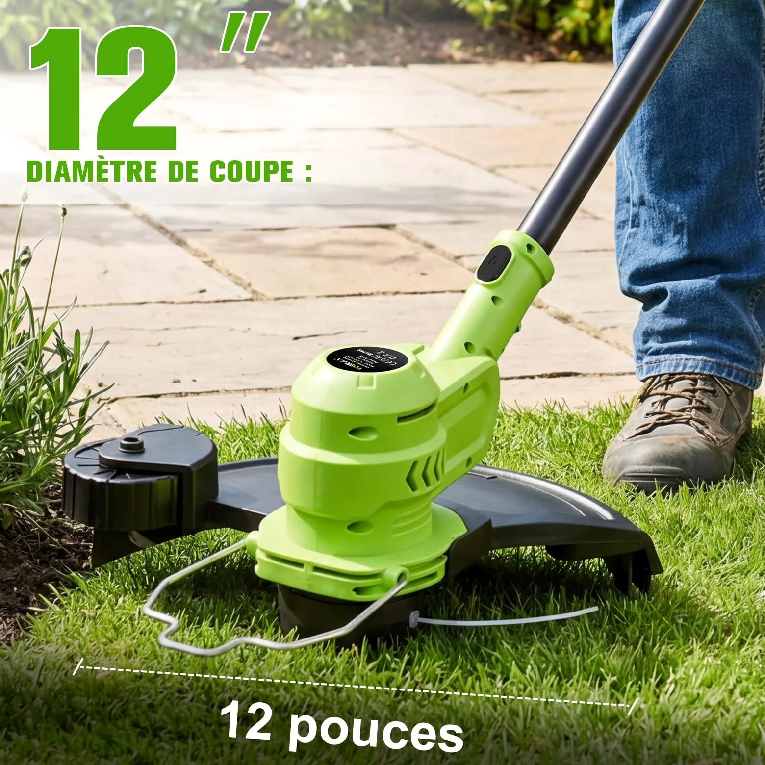 VOERJIA Débroussailleuse Électrique sans Fil 21V avec Écran LCD, Coupe-Bordure à Roues (30cm), Avancement Automatique du Fil, 8 Bobines Incluses, Tête Réglable et Multifonction. (Set Jardin Pro)