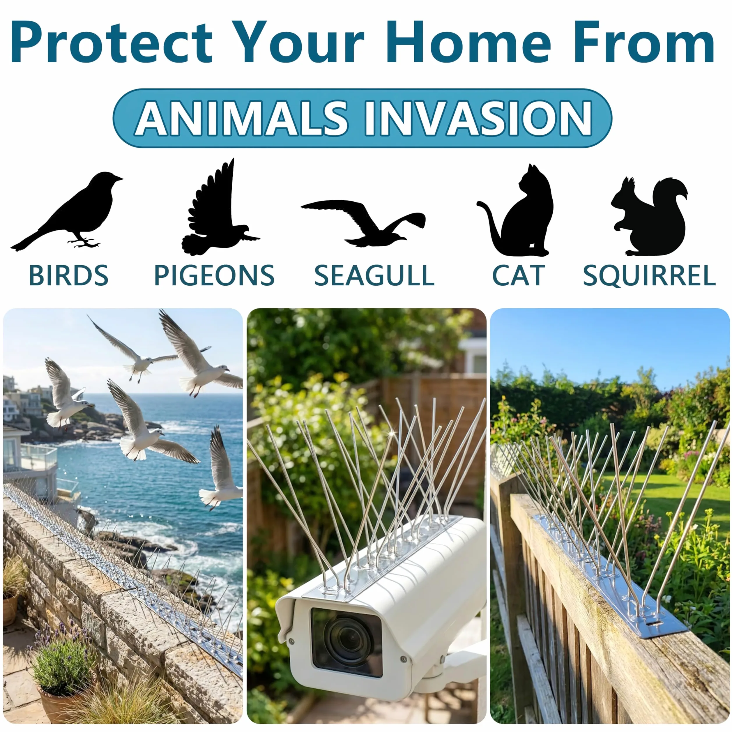Pic Anti-Pigeon 3m Pré-Assemblé, Pics Oiseaux en Acier Inoxydable 304 pour Petits Oiseaux et Mouettes, Anti-Pigeons Métal pour Clôture, Toit, Balcon, Mur et Gouttière, Argent