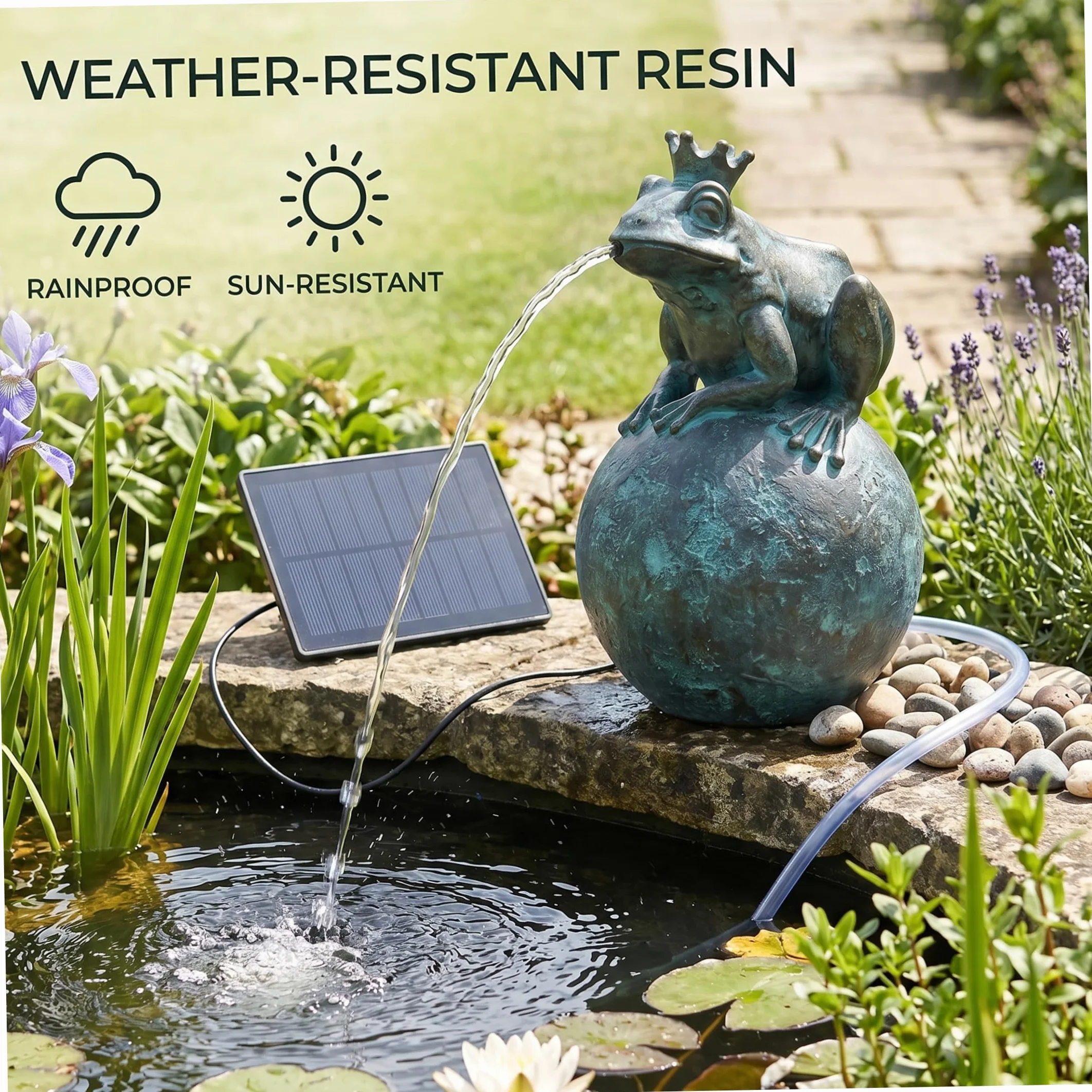 Fontaine décorative solaire en forme de grenouille couronnée pour bassin, résine extérieure 12x12x21 cm