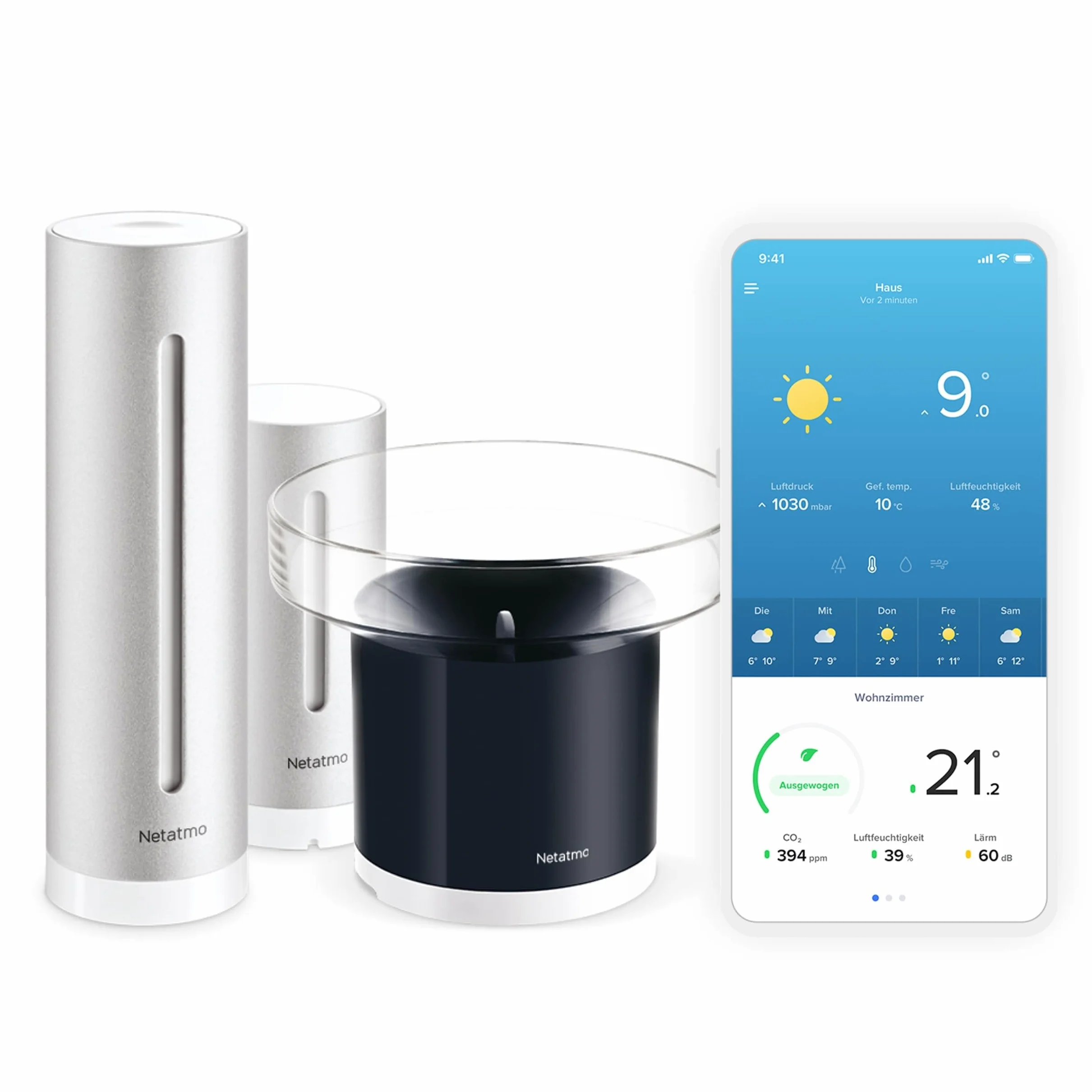 Netatmo Station Météo Intérieur Extérieur Connectée sans Fil avec Support Mural, Thermomètre & Pluviomètre connecté sans-fil pour la Station Météo Netatmo, NRG01-WW, Noir