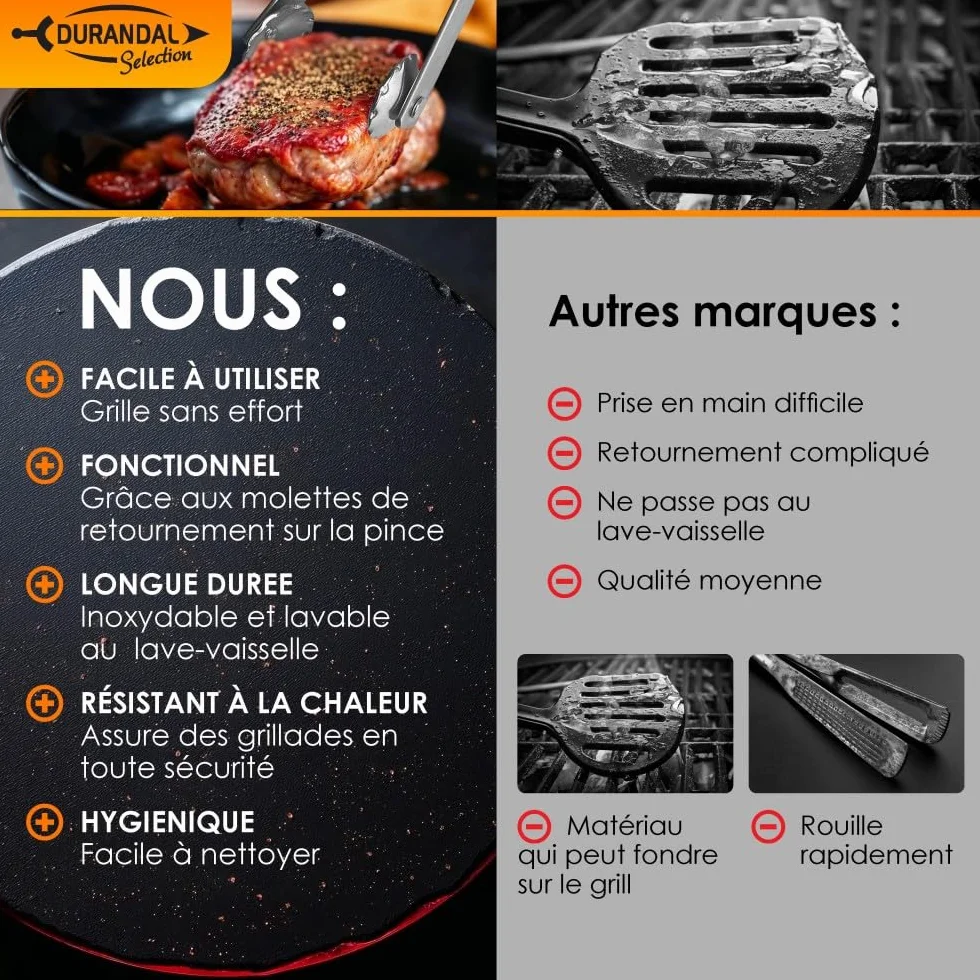 Pince barbecue inox à roulette Durandal Selection, Argenté, Acier Inoxydable