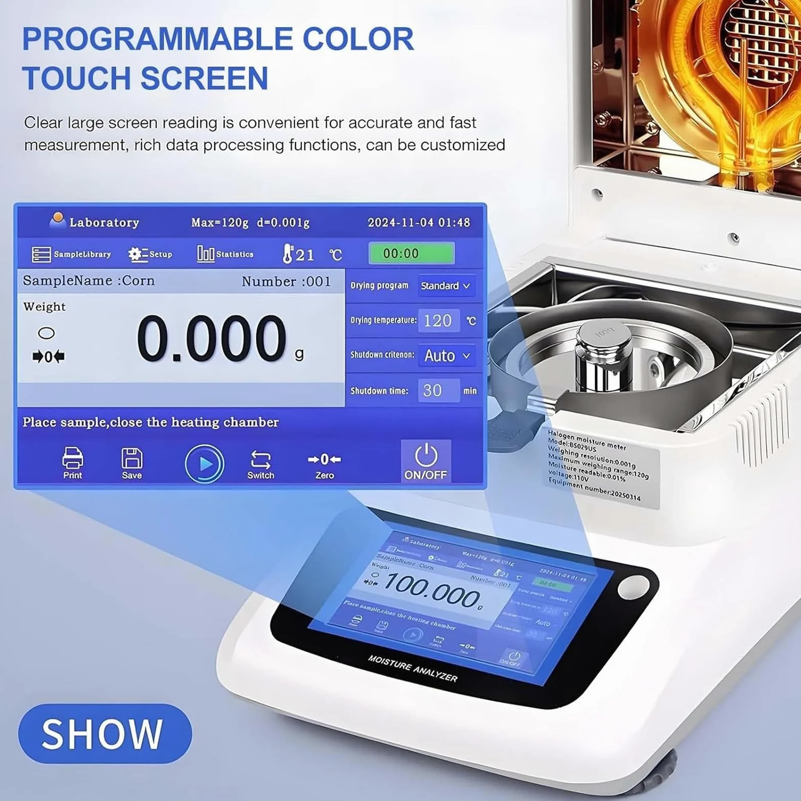 Humidimètre halogène portable, analyseur d'humidité alimentaire de laboratoire avec lisibilité de 0,01 %, 3 modes de séchage, réglable de 40 à 230 °C, pour nourriture, plantes