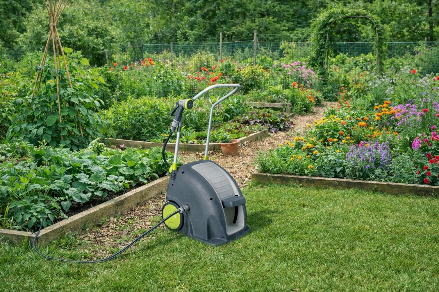 Jardibric - Dévidoir d’Arrosage à Pédale avec Tuyau 30 m - Enrouleur Mobile - Rallonge 2 m - Usage Jardin