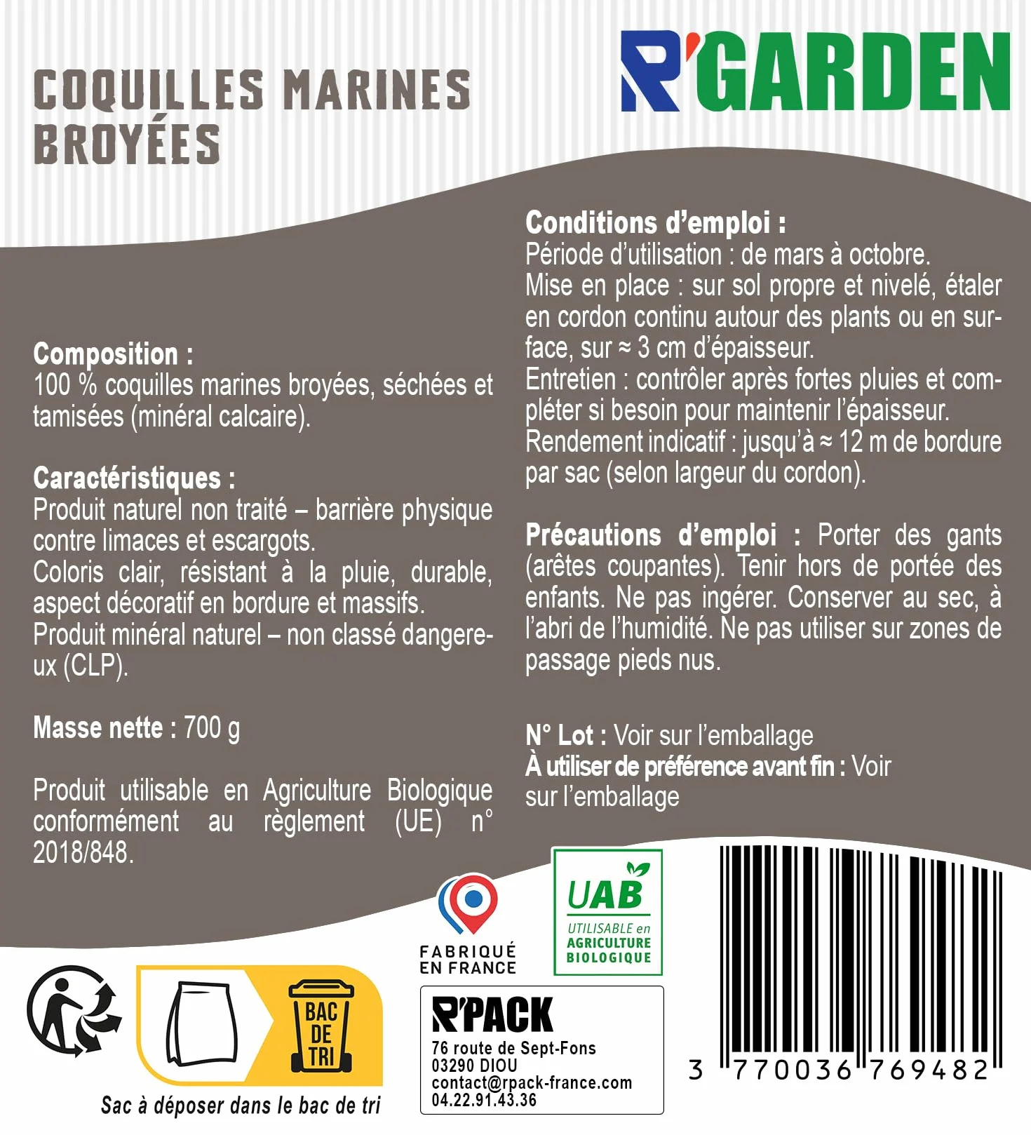 R’GARDEN Coquilles Marines broyées Barrière Naturelle Anti-limaces & escargots Longue durée résistante à la Pluie Paillage décoratif minéral Fabriqué en France 2 kg