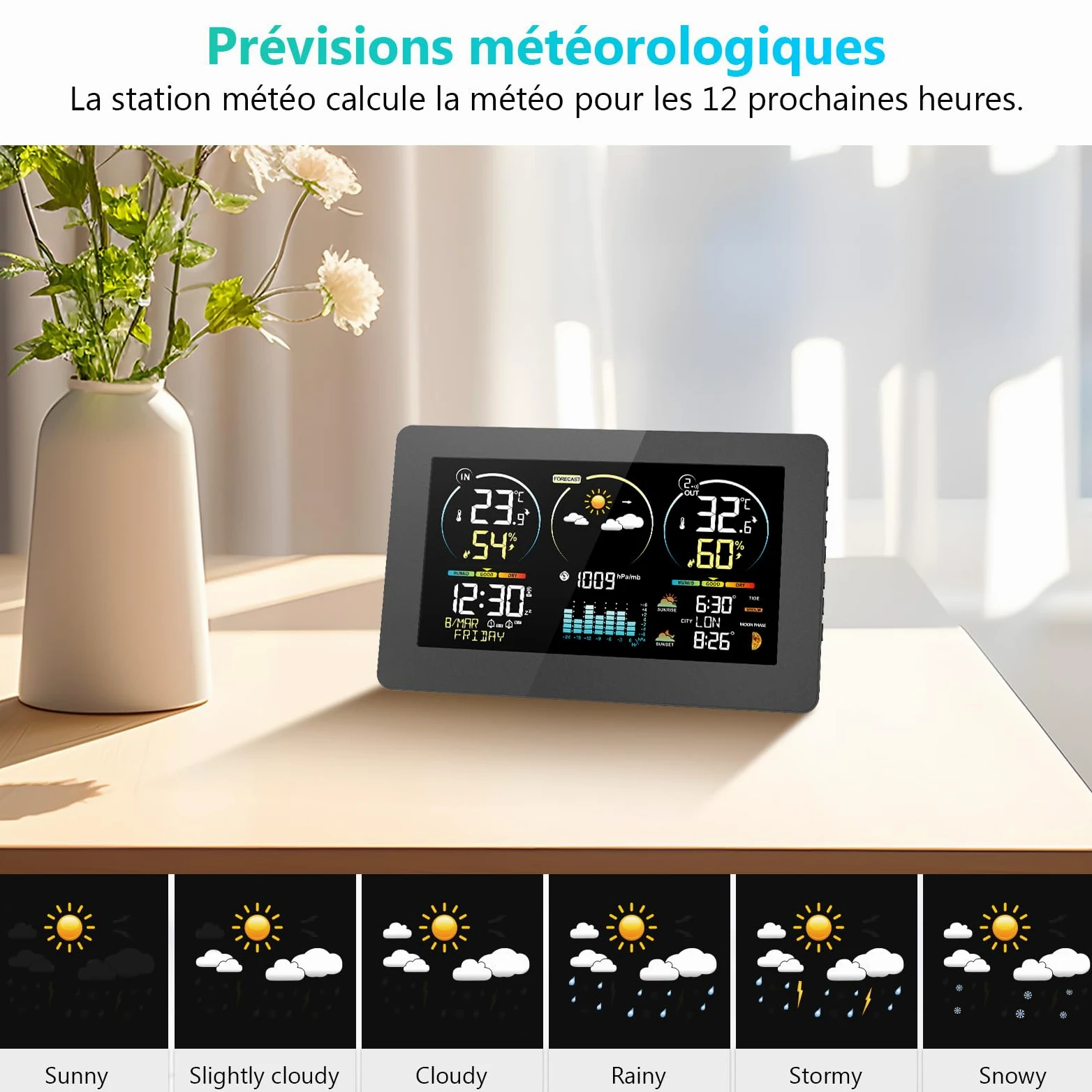 Station Météo Intérieur Extérieur Sans Fil avec 1 Capteur Extérieur | Thermomètre Hygromètre Digital, Écran LCD Couleur, Horloge Radio-commandée, Réveil Snooze, Calendrier, Prévisions Météo