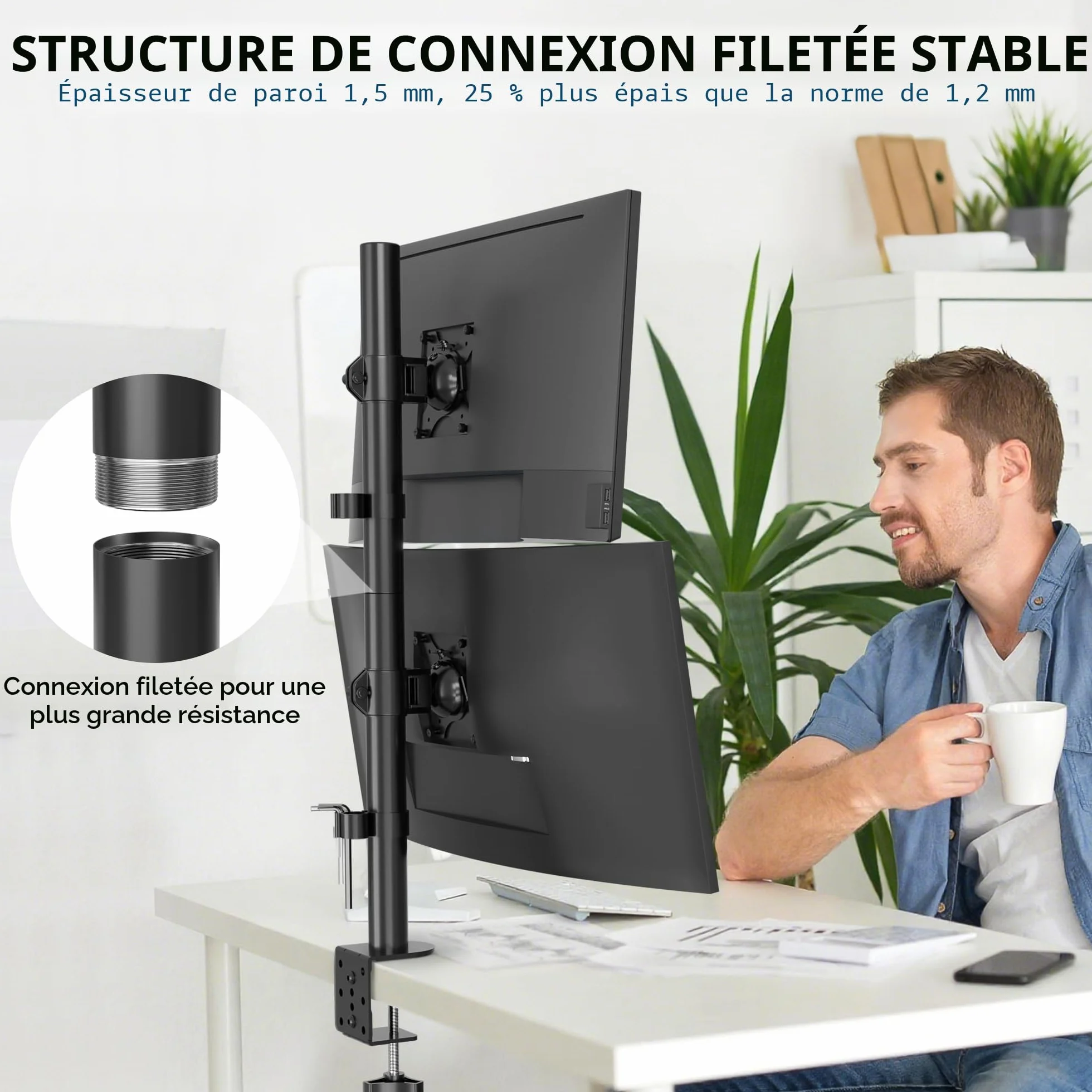 BONTEC Support Ecran PC Double Vertical pour 2 Moniteurs 13-34 Pouces, Bras Articule VESA 75x75/100x100mm, 10kg, Rotation 360, Inclinaison ±15°, Pince en C