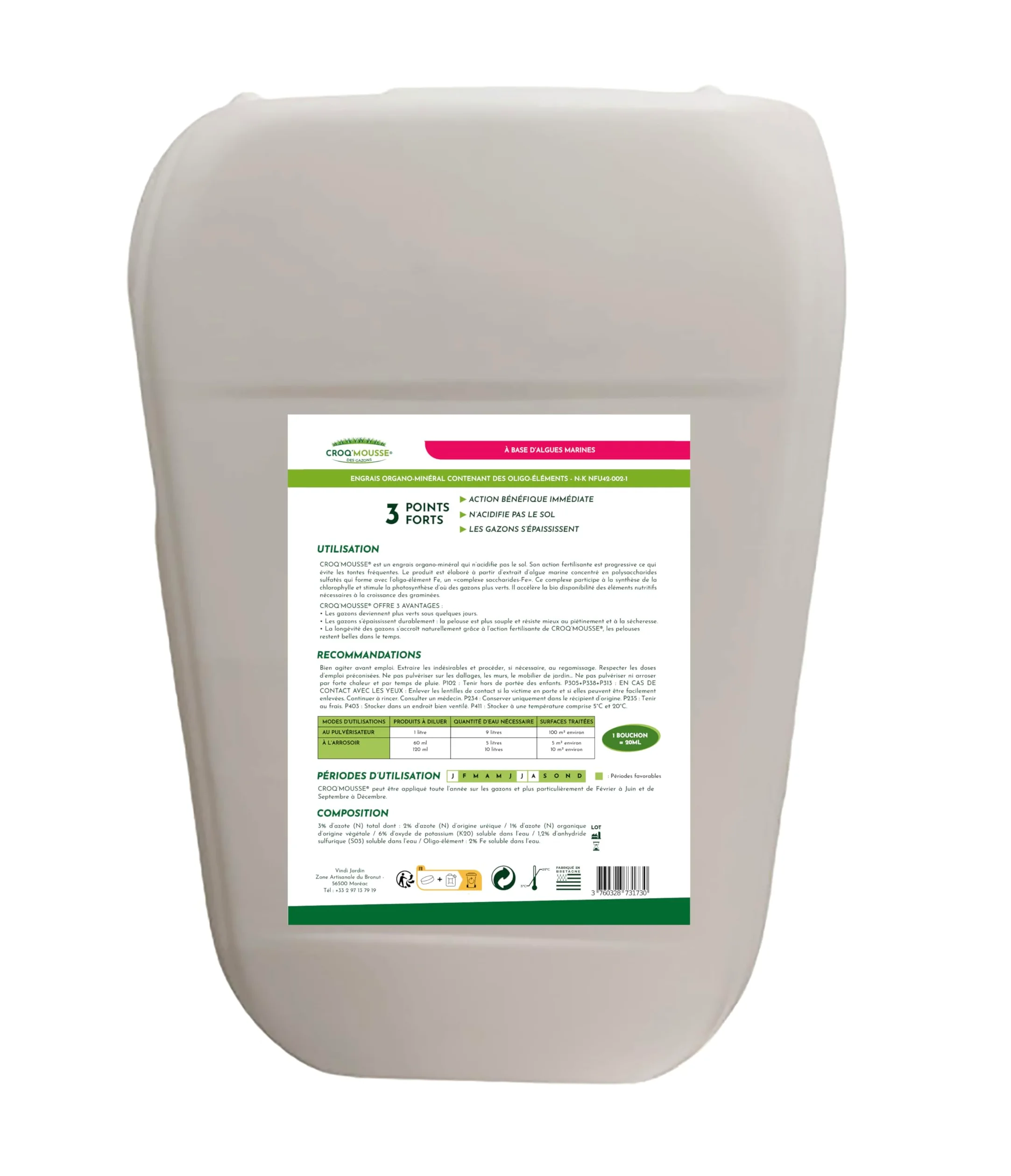 VINDI JARDIN - CROQ'MOUSSE des gazons – Engrais liquide organo-minéral 3 en 1 – Pelouse « sans mousse/+verte/+dense » - bidon 20L – Traitement pour 2000m2 – Fabrication Française.