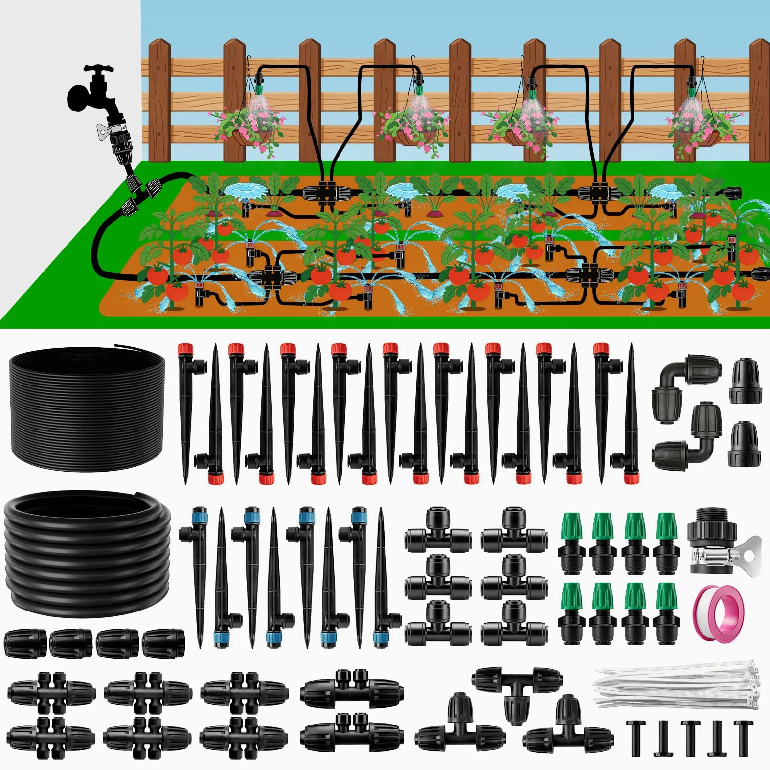 LP Système d'irrigation goutte à goutte, système de brumisation d'arrosage automatique de 60 m avec tubes de distribution de 1,27 cm et 6,35 mm – Buses et arroseurs réglables pour serre de jardin