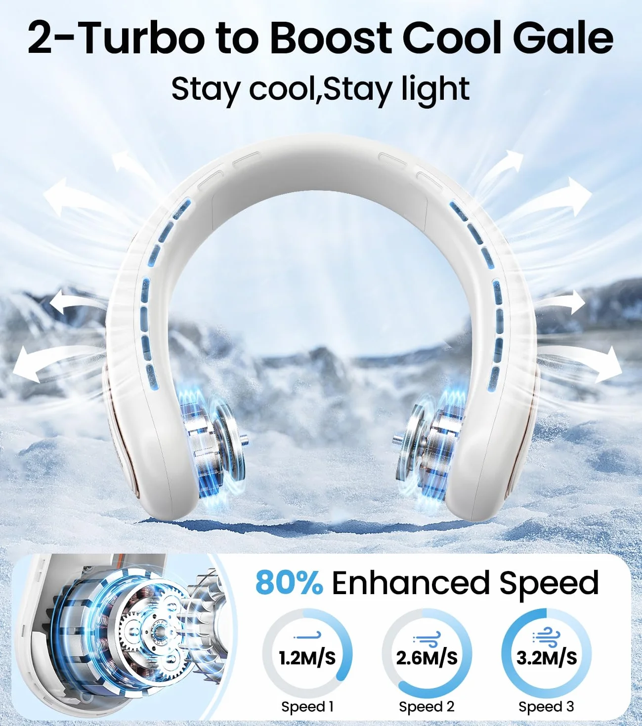 Ventilateur de Cou Portable USB Rechargeable 4000mAh 15H Silencieux sans Pale 3 Vitesses LED 360°