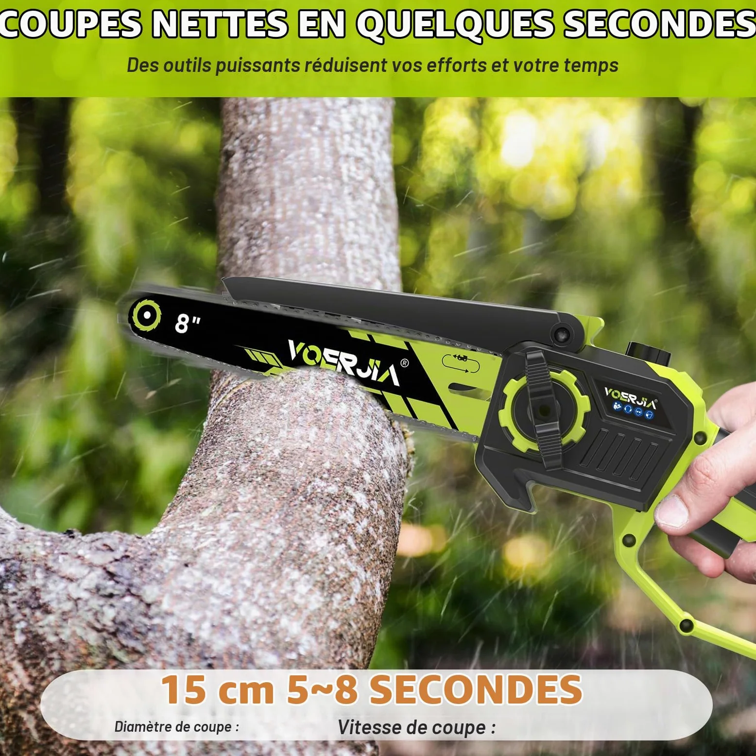 VOERJIA Mini Tronçonneuse à Batterie 21V avec Moteur Brushless et Lubrification Automatique, Élagueuse Électrique sans Fil 6 et 8 Pouces, 2 x 4.0Ah Batteries (LCD), pour Élagage, Jardinage