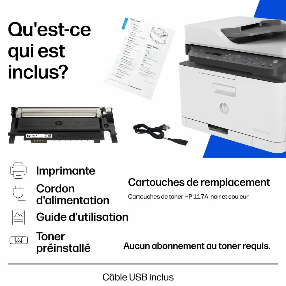 HP Color Laser MFP 179fnw Imprimante multifonction couleur A4 Wi-Fi Ethernet USB 2.0 18 ppm noir et blanc 4 ppm couleur blanche