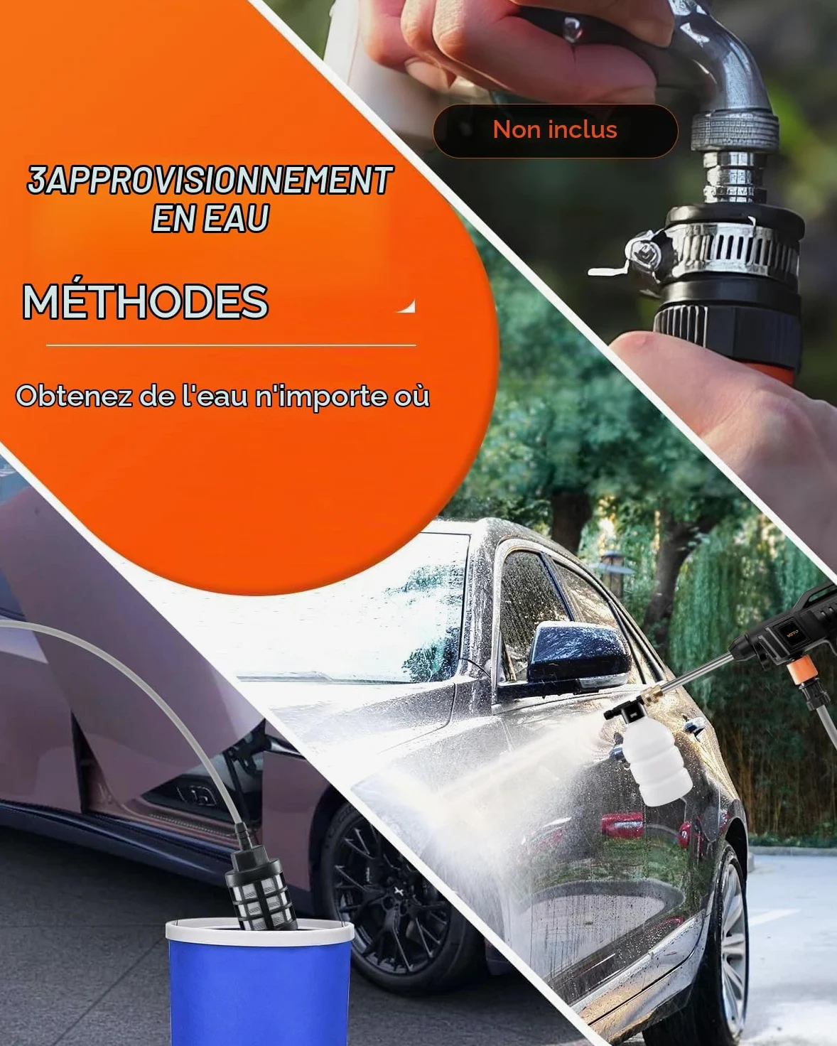 Nettoyeur Haute Pression sans Fil avec 2X Batteries 2.0Ah, Nettoyeur Haute Pression Portable avec Tuyau 5m, 3-en-1 Buse pour Voiture, Jardin, Terrasse, Maison