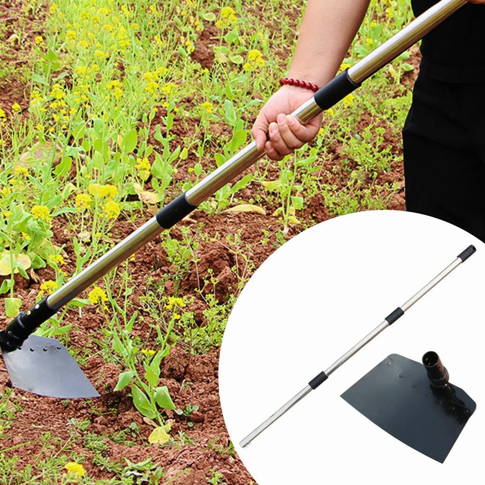 Houe de Jardin Houe de Jardin Acier Inoxydable Manche Télescopique Désherbeur Outil de Jardinage Creuser Aérer Ameublir Convient pour Entretien du Jar, 25cmx16cm