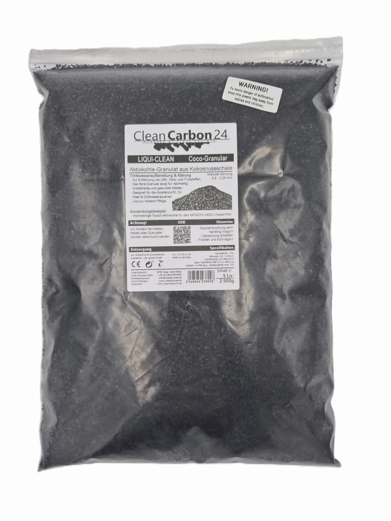 Clean Carbon 24 LIQUI-Clean Coco granulé 8×30Mesh/0,8–3,2mm, 10l | 5kg | Granulés fins 0,6–2,36 mm pour aquarium, bassin et filtration de l’eau, activés physiquement à la vapeur
