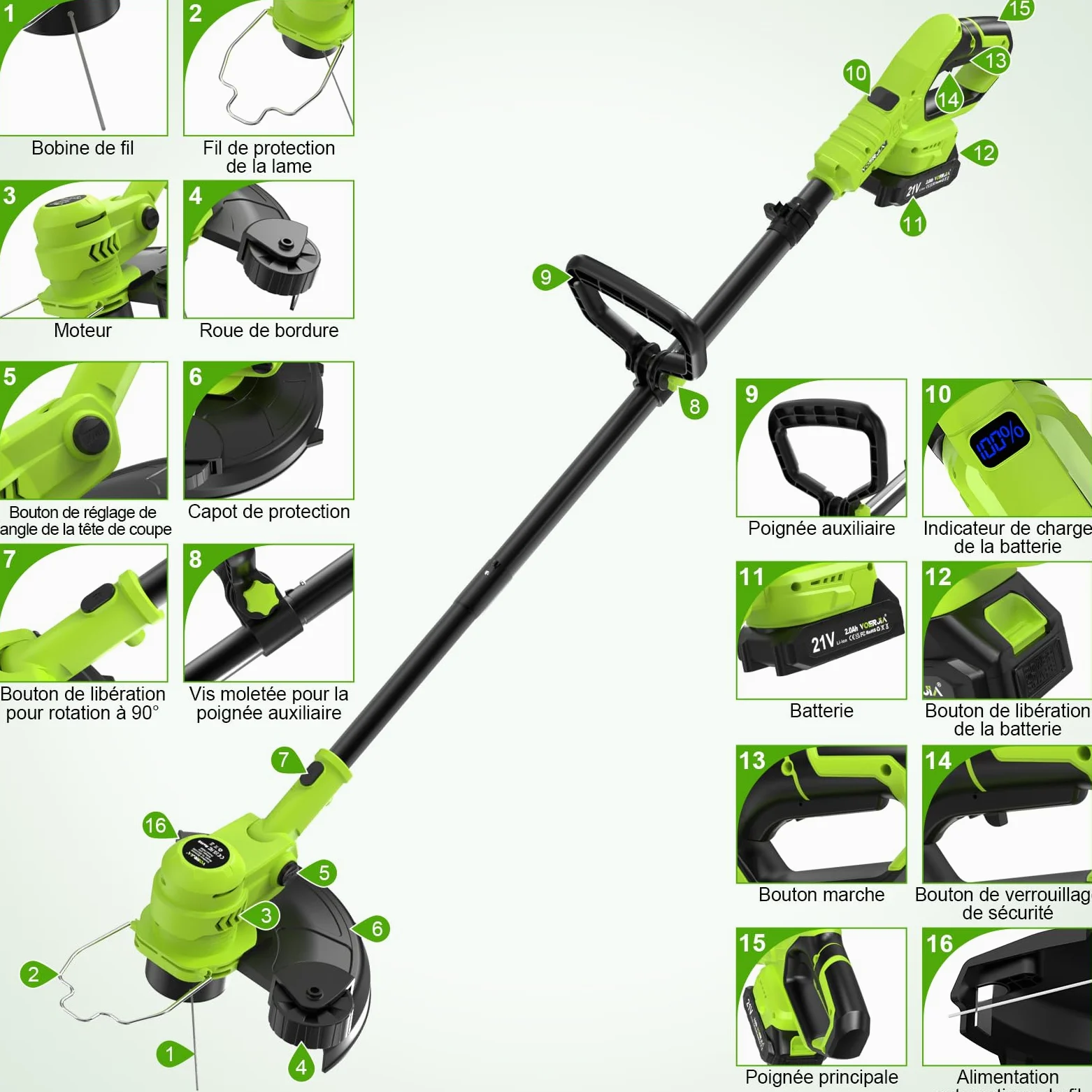 VOERJIA Débroussailleuse Électrique sans Fil 21V avec Écran LCD, Coupe-Bordure à Roues (30cm), Avancement Automatique du Fil, 8 Bobines Incluses, Tête Réglable et Multifonction. (Set Jardin Pro)