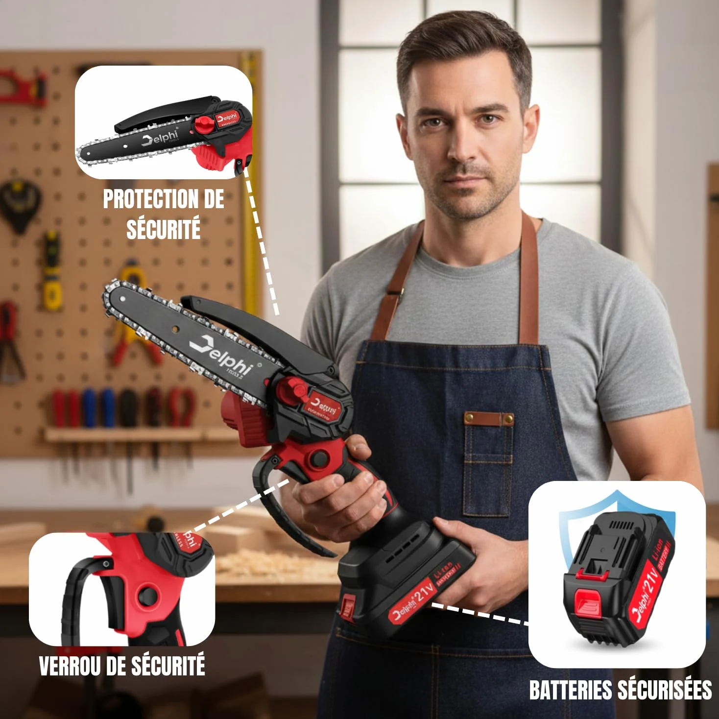 Delphi Mini Tronçonneuse à Batterie 21V 800W - Scie d’Élagage Électrique 4" et 6" avec 2 Batteries, Mini Tronçonneuse pour Couper Branches, Bois, Palettes et Petits Arbres