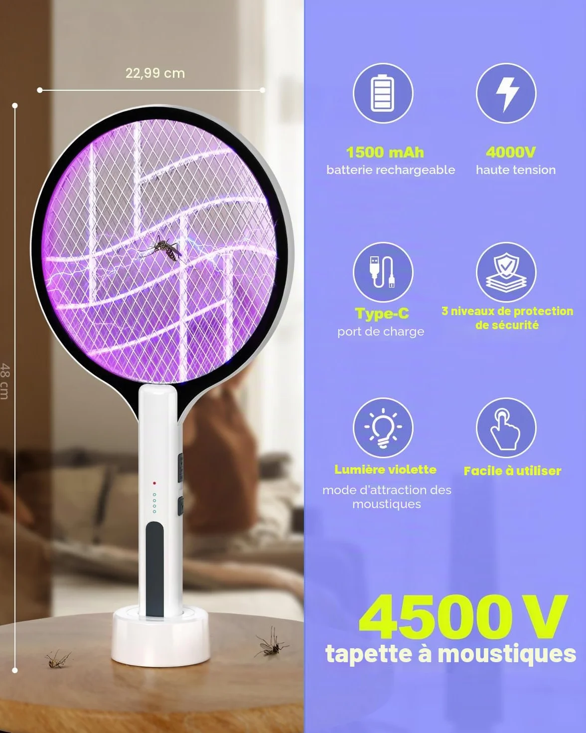 DEEZEE Raquette à mouches électrique 4500V rechargeable 2 en 1 portable tueur de moustiques violet 3 couches de sécurité