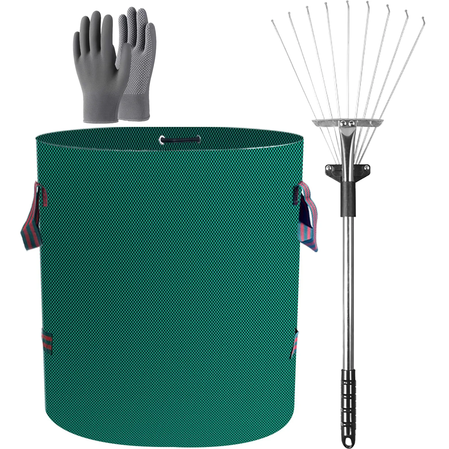 Sac de Jardin Réutilisable, Sac de Déchets de Jardin avec 4 poignées renforcées, avec râteau à Feuilles réglable et Gants de Jardin pour Les Feuilles de Jardin et la Collecte des déchets 500L