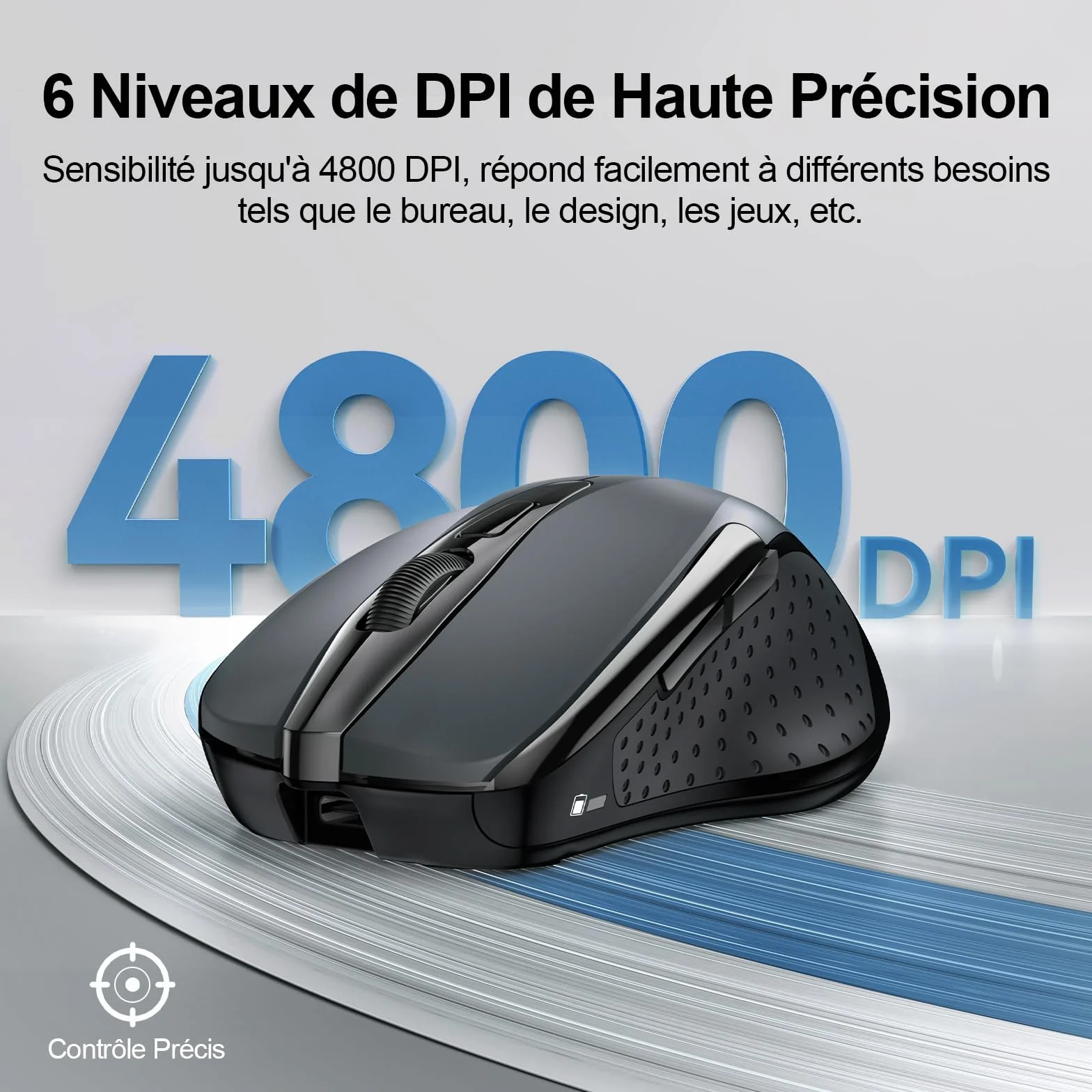 TECKNET Souris sans Fil Rechargeable Silencieuse 4800 DPI 6 Boutons Ergonomiques USB 2,4G Gris