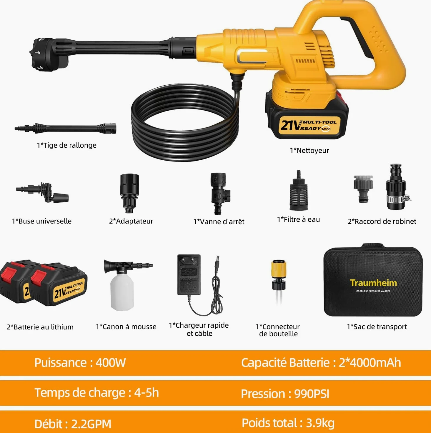 Nettoyeur Haute Pression à Batterie 21V, 68 Bar / 990 PSI, avec 2 Batteries de 4000 mAh, Ensemble d'accessoires de 17 pièces, Tige d'allongement,Jaune foncé | Moteur sans balais, buse rotative à 180°/360°, buse 6 en 1, raccord de bouteille, barre d'extens
