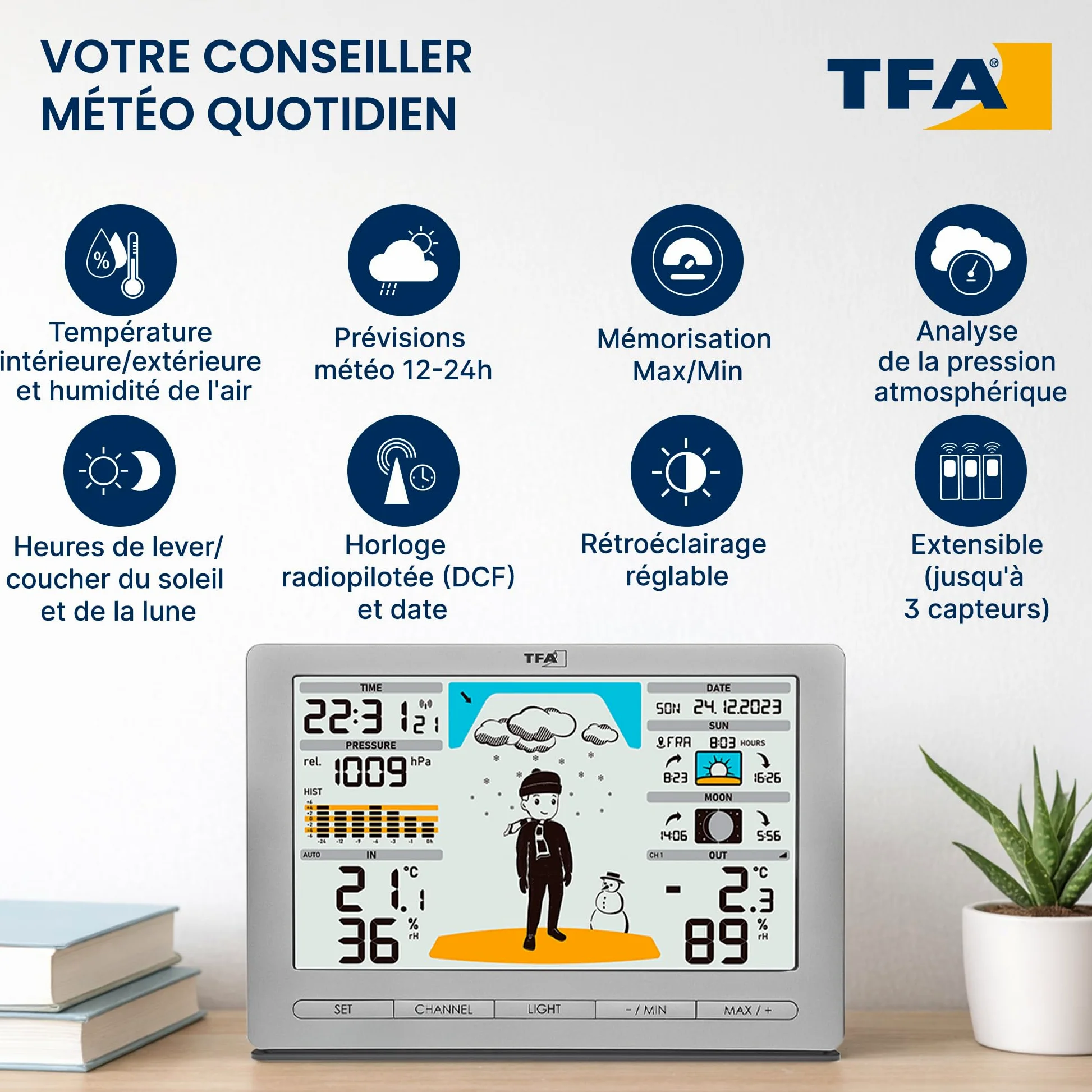TFA Dostmann station météo sans fil METEO JACK, 35.1097.54, avec capteur extérieur, prévisions météo, pression, phase de lune, lever & coucher du soleil, argenté