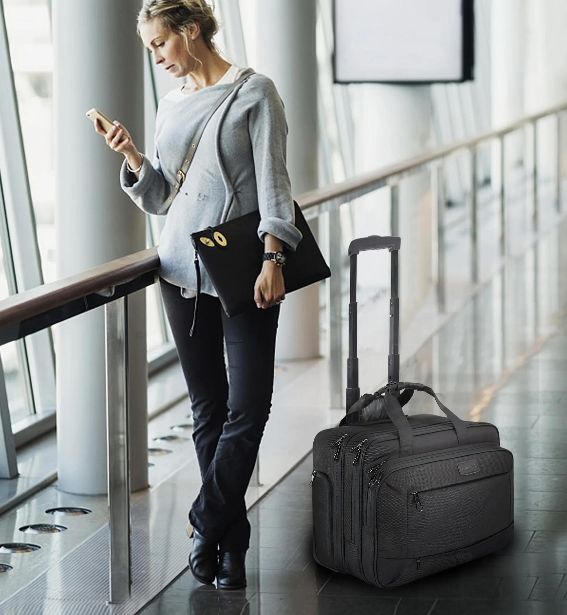 KROSER Mallette à roulettes Portable Sacoche Ordinateur 17,3" Imperméable Porte-Documents Poches RFID Rolling Laptop Bag