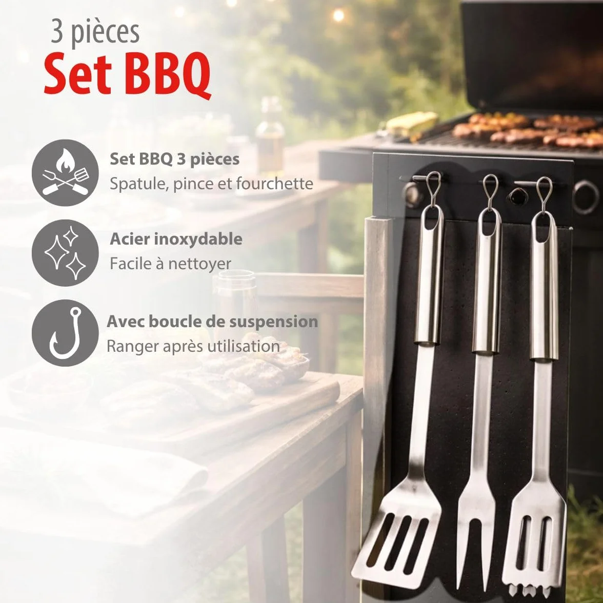 Alpina Kit Barbecue Ustensiles 3 Pièces - Pince et Spatule Acier Inoxydable - Fourchette à Viande Argent